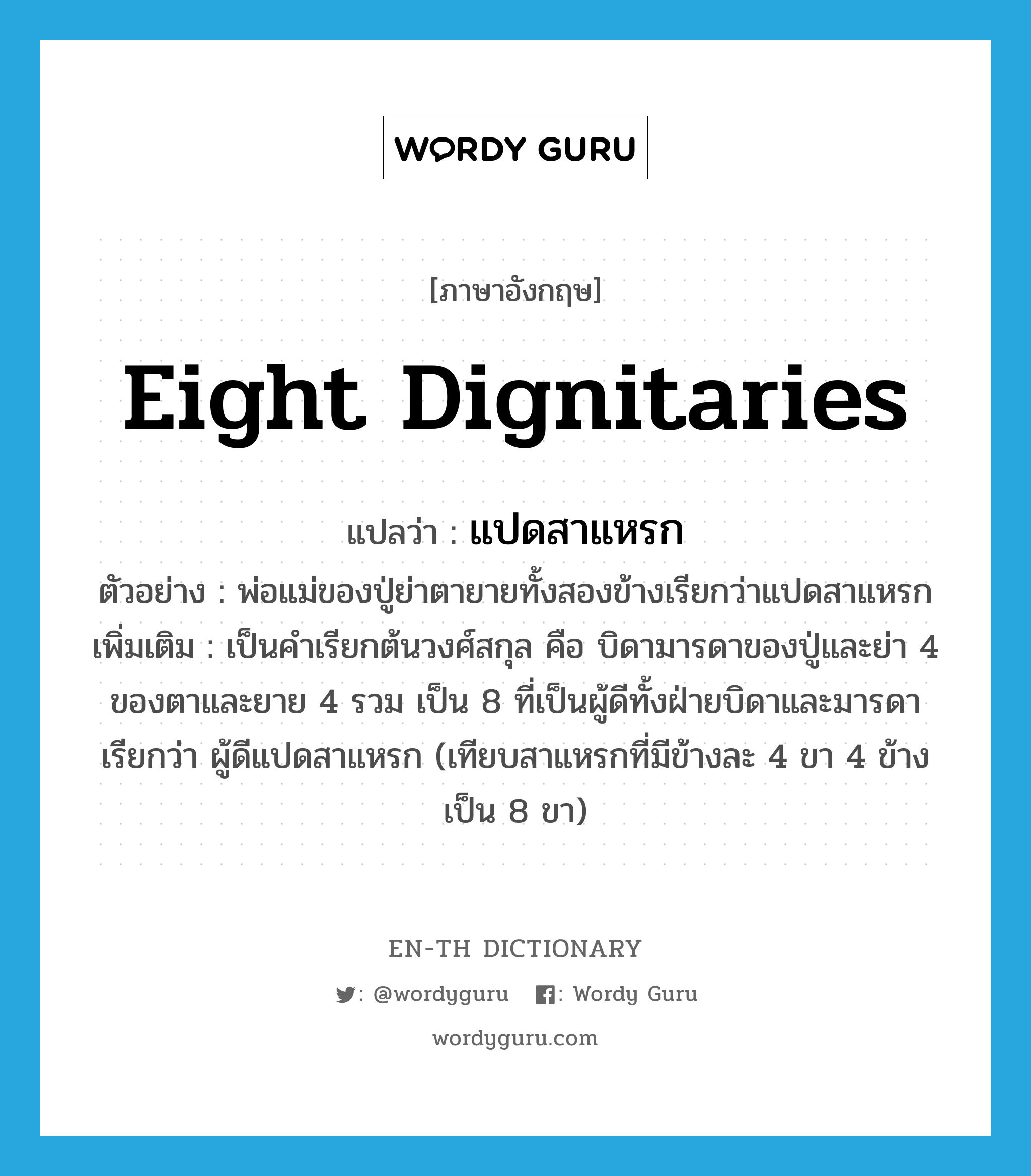 eight dignitaries แปลว่า?, คำศัพท์ภาษาอังกฤษ eight dignitaries แปลว่า แปดสาแหรก ประเภท N ตัวอย่าง พ่อแม่ของปู่ย่าตายายทั้งสองข้างเรียกว่าแปดสาแหรก เพิ่มเติม เป็นคำเรียกต้นวงศ์สกุล คือ บิดามารดาของปู่และย่า 4 ของตาและยาย 4 รวม เป็น 8 ที่เป็นผู้ดีทั้งฝ่ายบิดาและมารดา เรียกว่า ผู้ดีแปดสาแหรก (เทียบสาแหรกที่มีข้างละ 4 ขา 4 ข้างเป็น 8 ขา) หมวด N