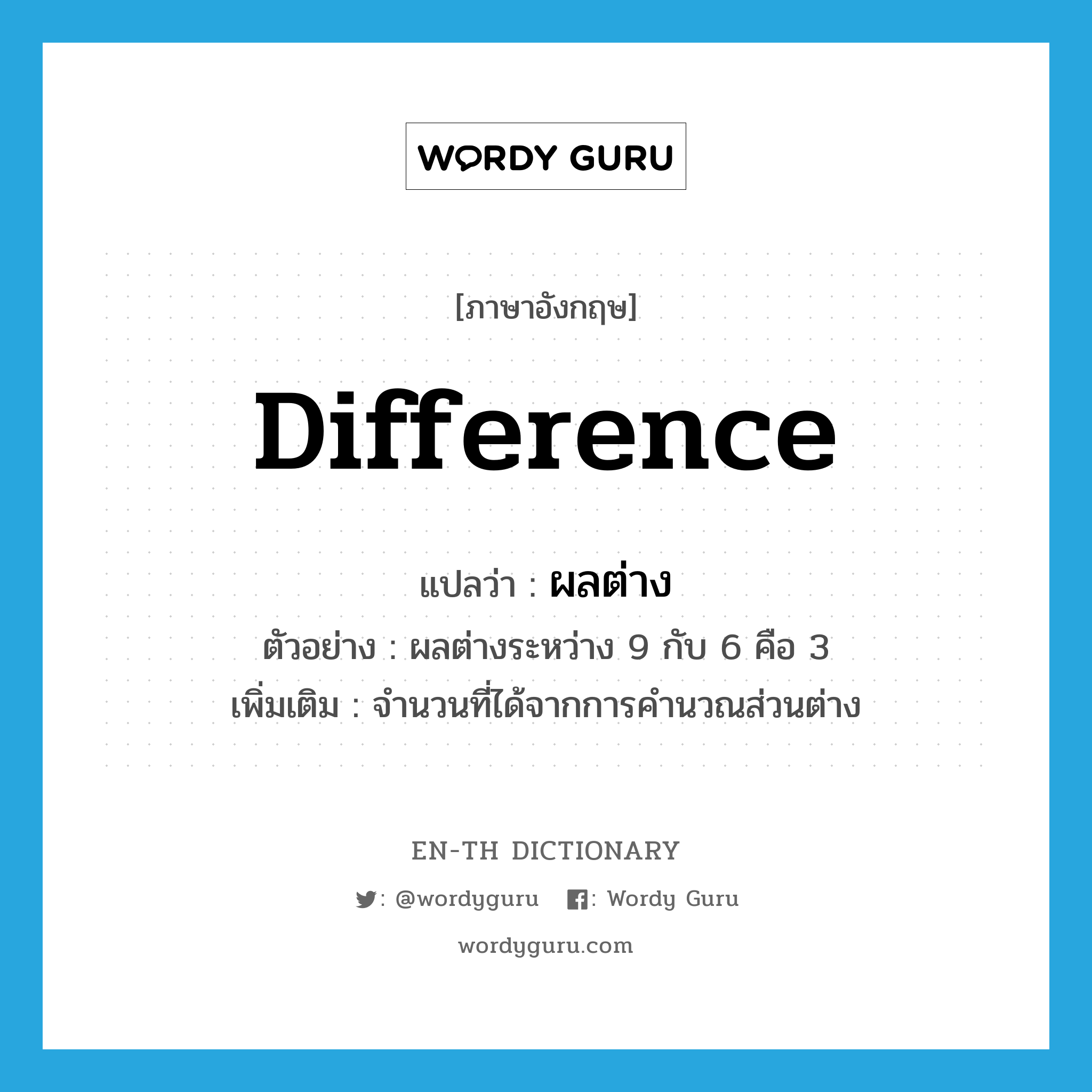 difference แปลว่า?, คำศัพท์ภาษาอังกฤษ difference แปลว่า ผลต่าง ประเภท N ตัวอย่าง ผลต่างระหว่าง 9 กับ 6 คือ 3 เพิ่มเติม จำนวนที่ได้จากการคำนวณส่วนต่าง หมวด N