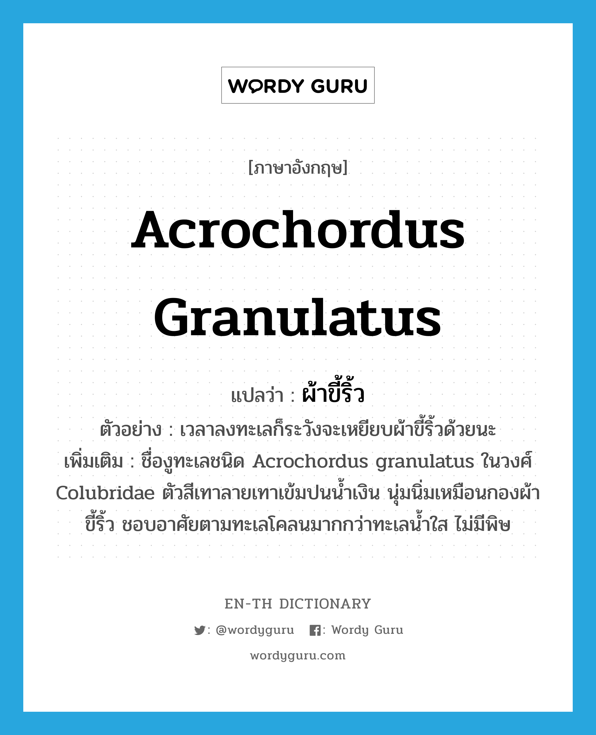 Acrochordus granulatus แปลว่า?, คำศัพท์ภาษาอังกฤษ Acrochordus granulatus แปลว่า ผ้าขี้ริ้ว ประเภท N ตัวอย่าง เวลาลงทะเลก็ระวังจะเหยียบผ้าขี้ริ้วด้วยนะ เพิ่มเติม ชื่องูทะเลชนิด Acrochordus granulatus ในวงศ์ Colubridae ตัวสีเทาลายเทาเข้มปนน้ำเงิน นุ่มนิ่มเหมือนกองผ้าขี้ริ้ว ชอบอาศัยตามทะเลโคลนมากกว่าทะเลน้ำใส ไม่มีพิษ หมวด N