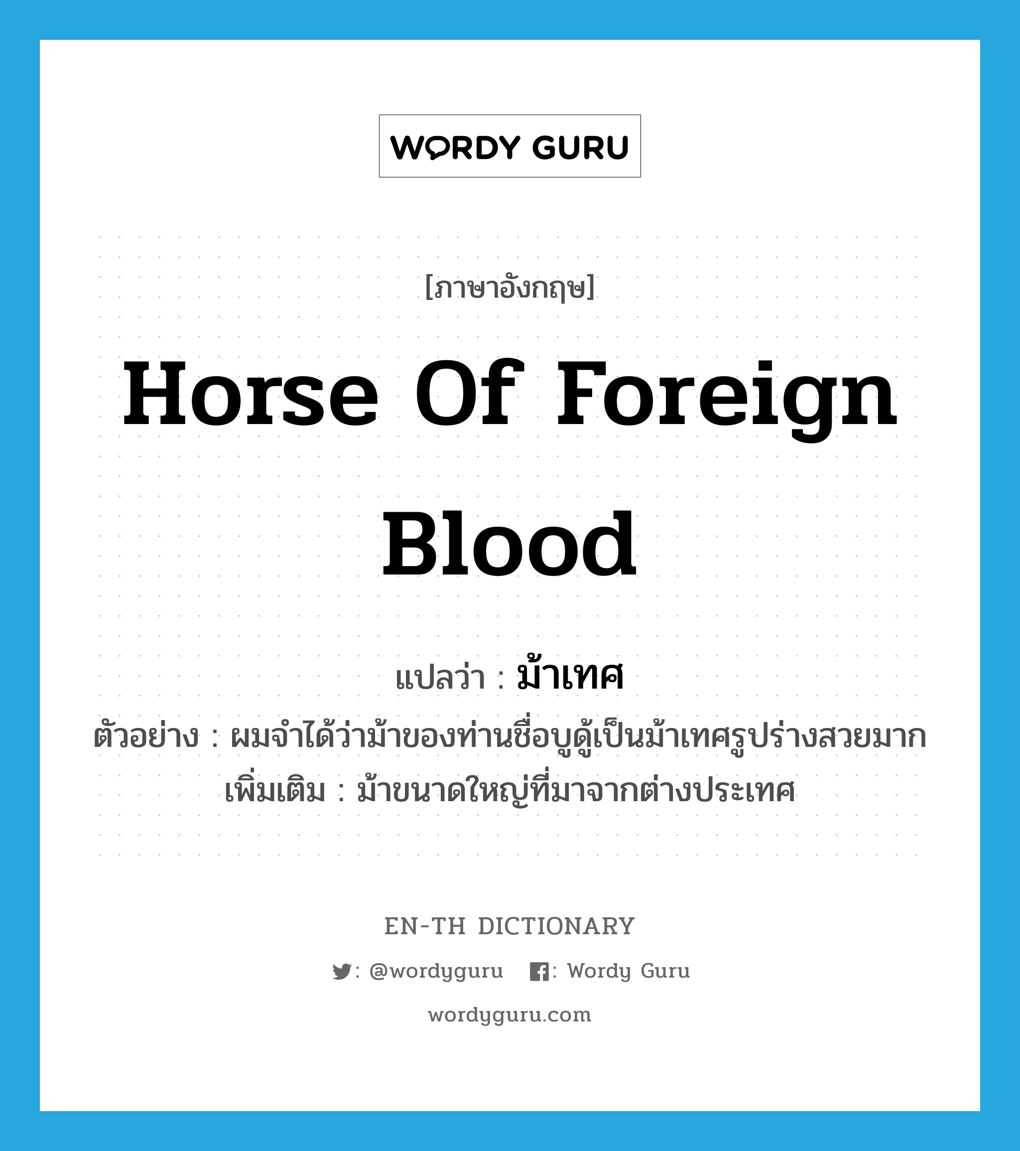 horse of foreign blood แปลว่า?, คำศัพท์ภาษาอังกฤษ horse of foreign blood แปลว่า ม้าเทศ ประเภท N ตัวอย่าง ผมจำได้ว่าม้าของท่านชื่อบูดู้เป็นม้าเทศรูปร่างสวยมาก เพิ่มเติม ม้าขนาดใหญ่ที่มาจากต่างประเทศ หมวด N