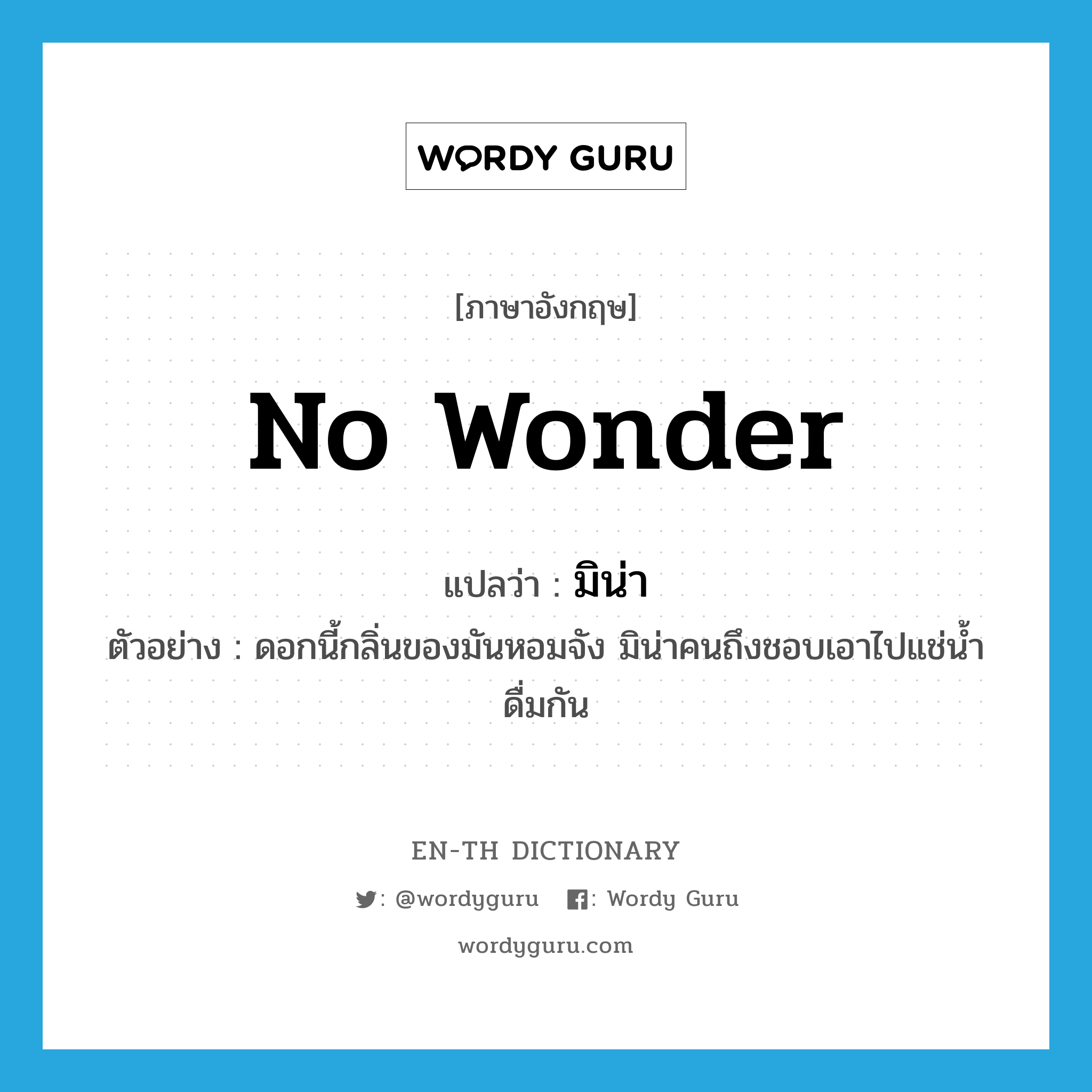 no wonder แปลว่า?, คำศัพท์ภาษาอังกฤษ no wonder แปลว่า มิน่า ประเภท INT ตัวอย่าง ดอกนี้กลิ่นของมันหอมจัง มิน่าคนถึงชอบเอาไปแช่น้ำดื่มกัน หมวด INT