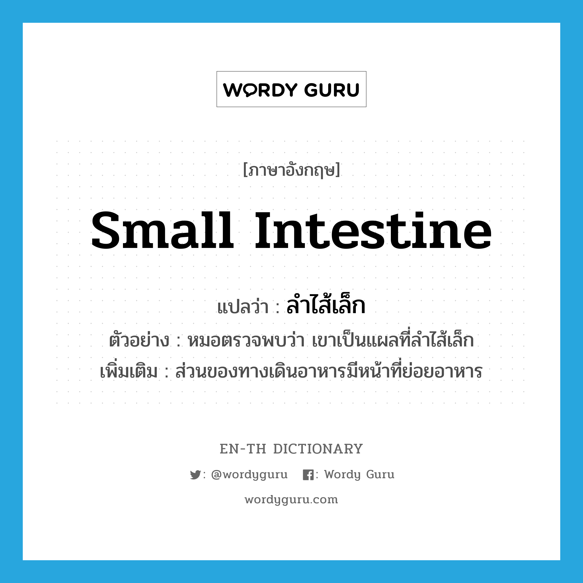 small intestine แปลว่า?, คำศัพท์ภาษาอังกฤษ small intestine แปลว่า ลำไส้เล็ก ประเภท N ตัวอย่าง หมอตรวจพบว่า เขาเป็นแผลที่ลำไส้เล็ก เพิ่มเติม ส่วนของทางเดินอาหารมีหน้าที่ย่อยอาหาร หมวด N