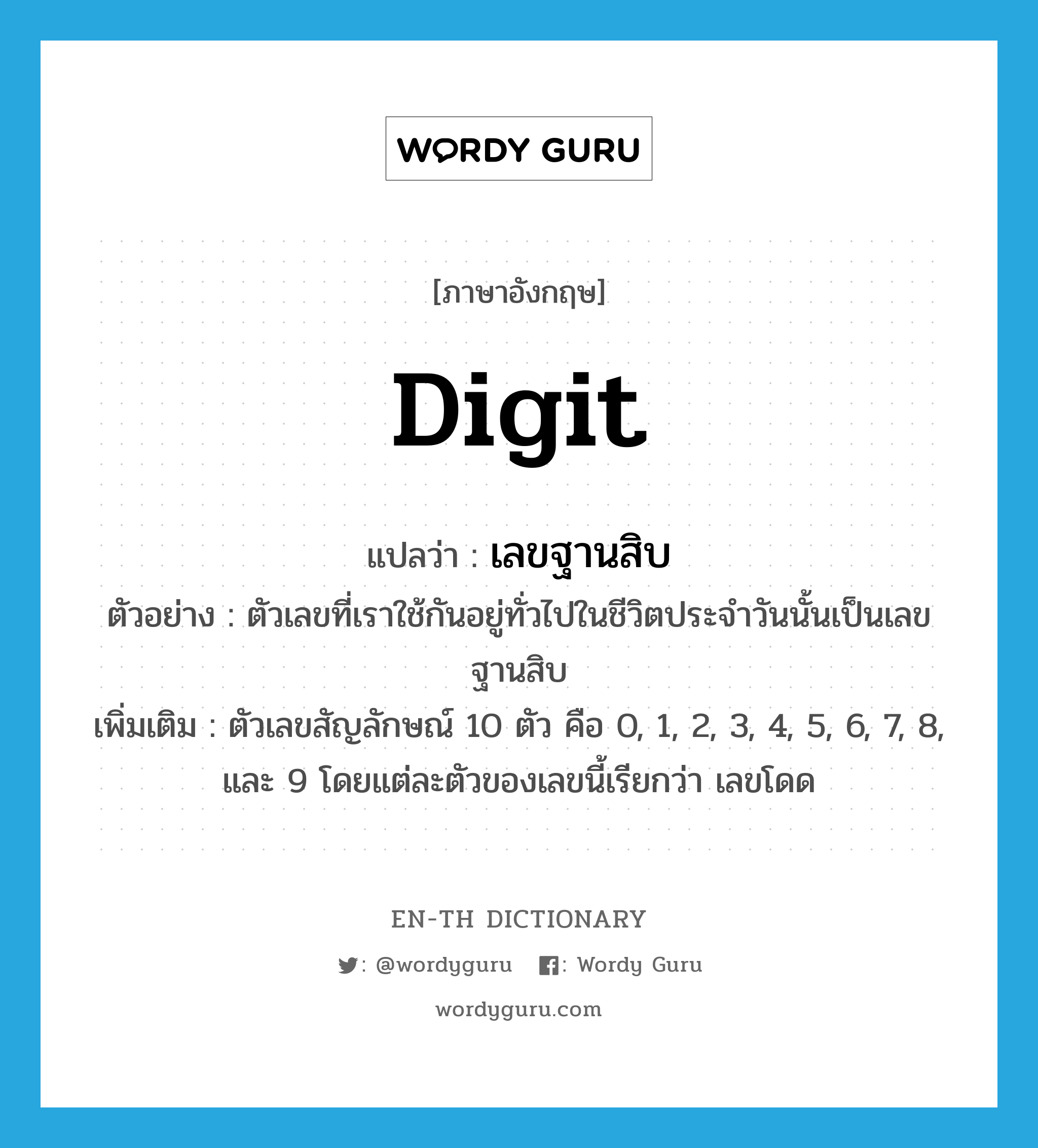 digit แปลว่า?, คำศัพท์ภาษาอังกฤษ digit แปลว่า เลขฐานสิบ ประเภท N ตัวอย่าง ตัวเลขที่เราใช้กันอยู่ทั่วไปในชีวิตประจำวันนั้นเป็นเลขฐานสิบ เพิ่มเติม ตัวเลขสัญลักษณ์ 10 ตัว คือ 0, 1, 2, 3, 4, 5, 6, 7, 8, และ 9 โดยแต่ละตัวของเลขนี้เรียกว่า เลขโดด หมวด N