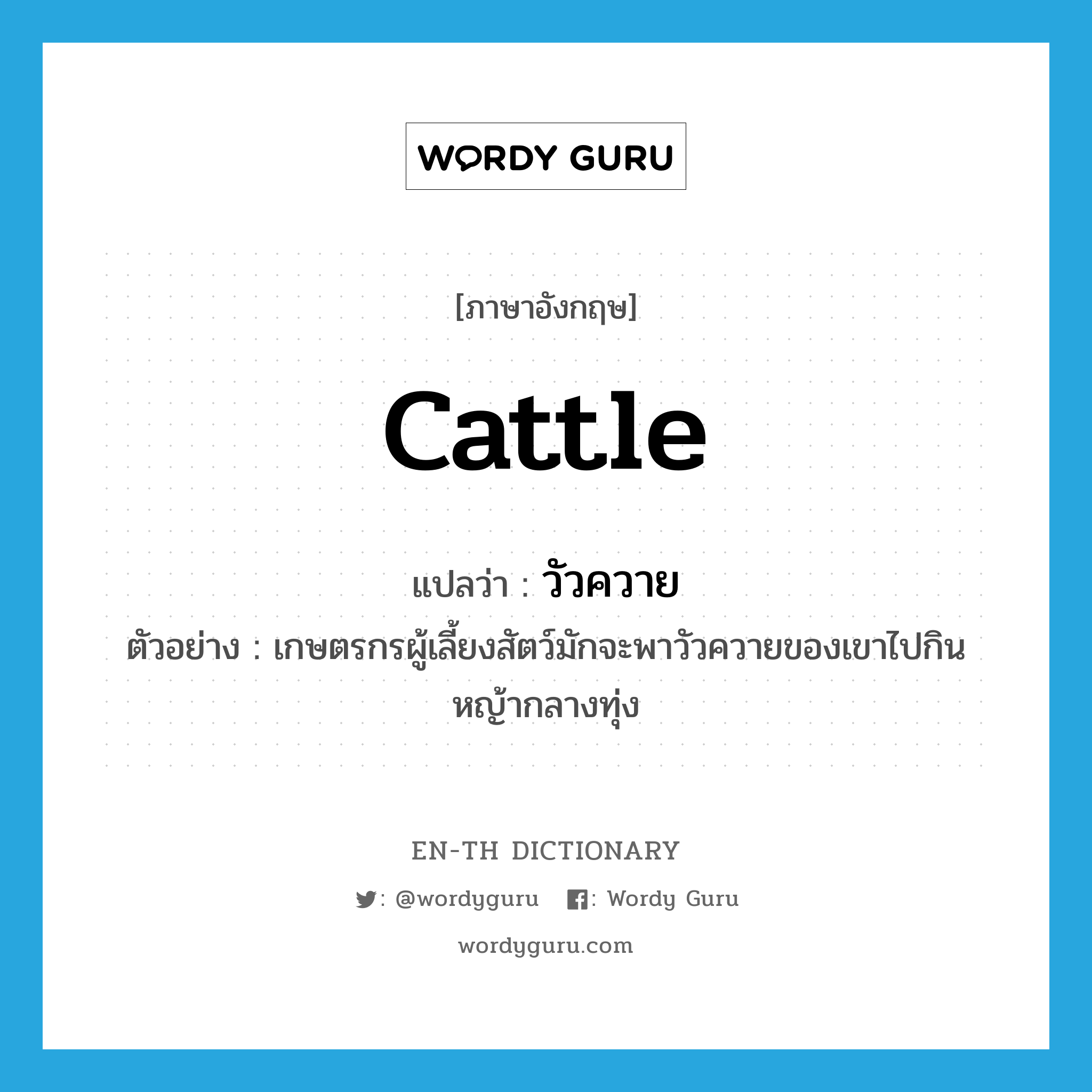 cattle แปลว่า?, คำศัพท์ภาษาอังกฤษ cattle แปลว่า วัวควาย ประเภท N ตัวอย่าง เกษตรกรผู้เลี้ยงสัตว์มักจะพาวัวควายของเขาไปกินหญ้ากลางทุ่ง หมวด N