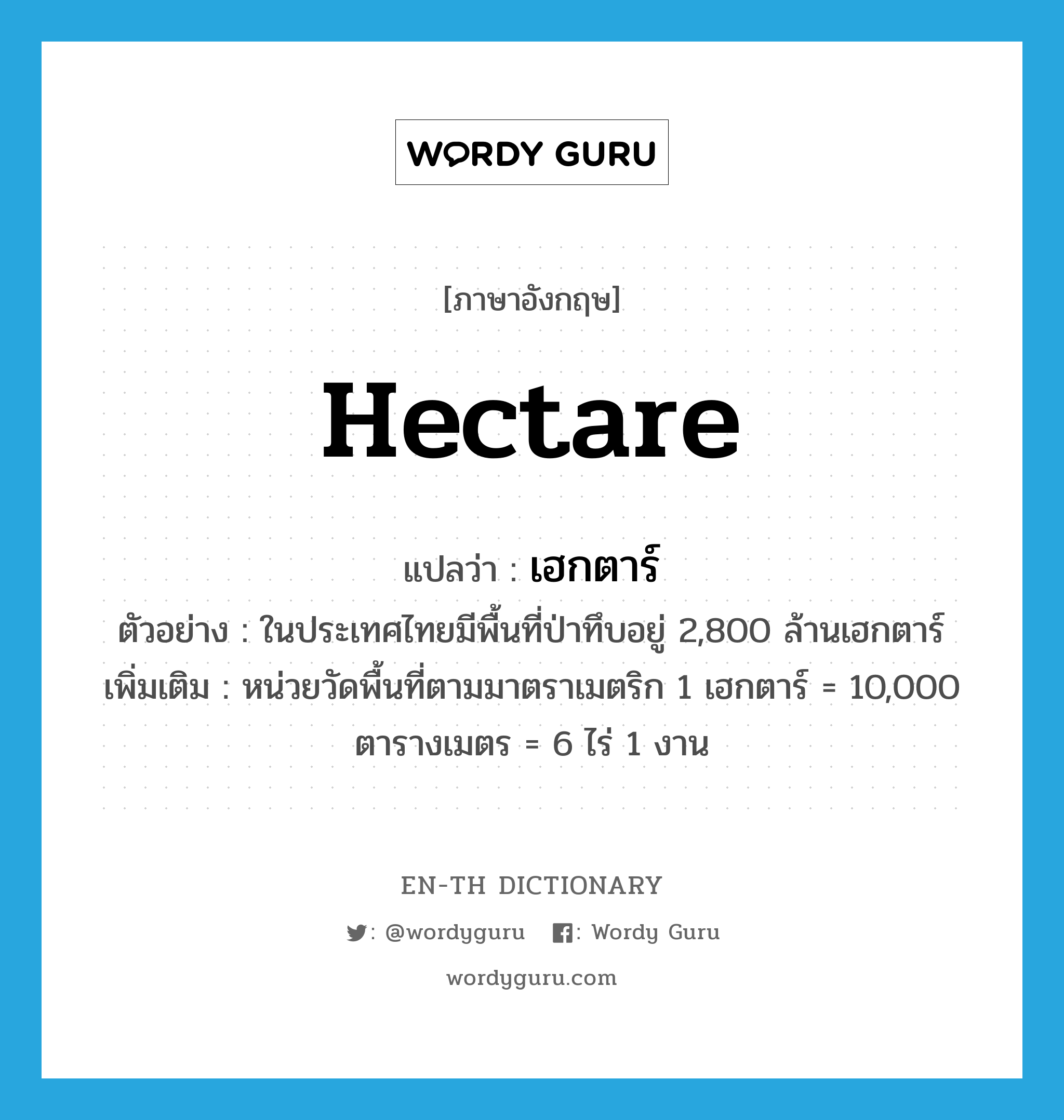 hectare แปลว่า?, คำศัพท์ภาษาอังกฤษ hectare แปลว่า เฮกตาร์ ประเภท CLAS ตัวอย่าง ในประเทศไทยมีพื้นที่ป่าทึบอยู่ 2,800 ล้านเฮกตาร์ เพิ่มเติม หน่วยวัดพื้นที่ตามมาตราเมตริก 1 เฮกตาร์ = 10,000 ตารางเมตร = 6 ไร่ 1 งาน หมวด CLAS