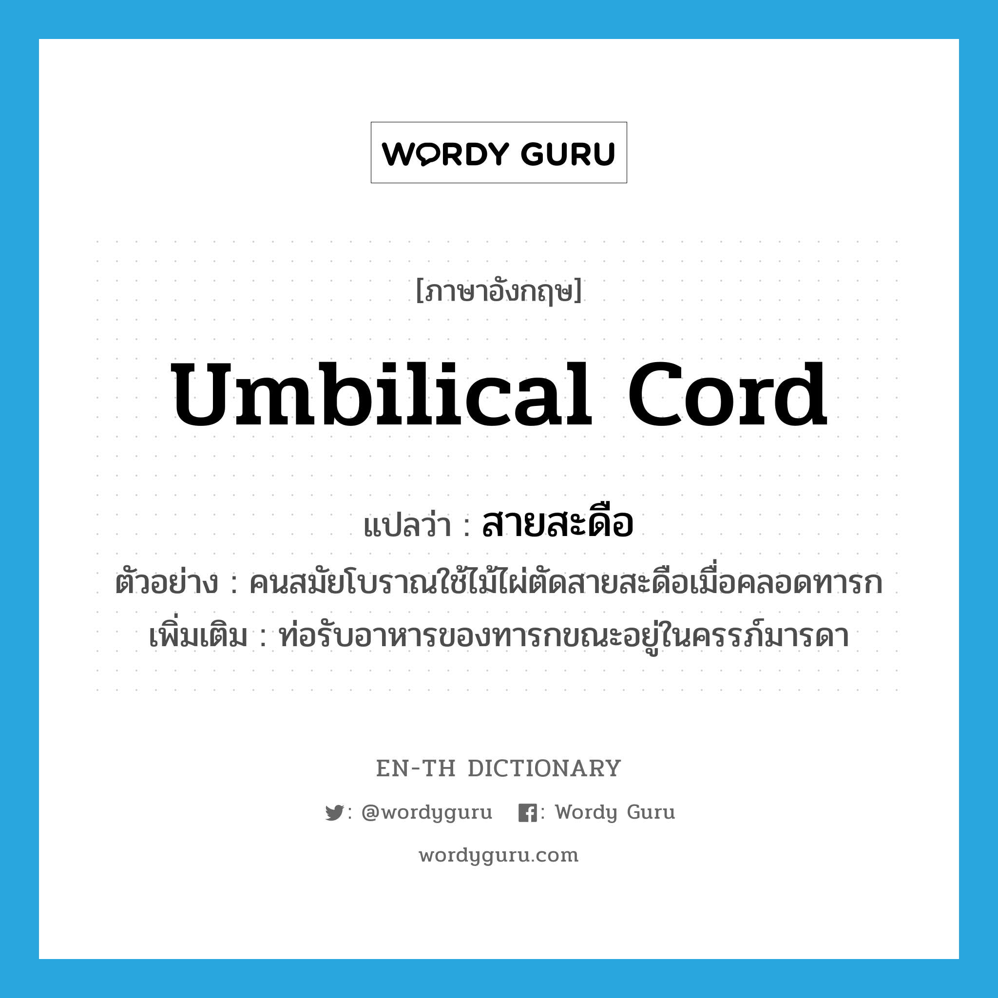 umbilical cord แปลว่า?, คำศัพท์ภาษาอังกฤษ umbilical cord แปลว่า สายสะดือ ประเภท N ตัวอย่าง คนสมัยโบราณใช้ไม้ไผ่ตัดสายสะดือเมื่อคลอดทารก เพิ่มเติม ท่อรับอาหารของทารกขณะอยู่ในครรภ์มารดา หมวด N