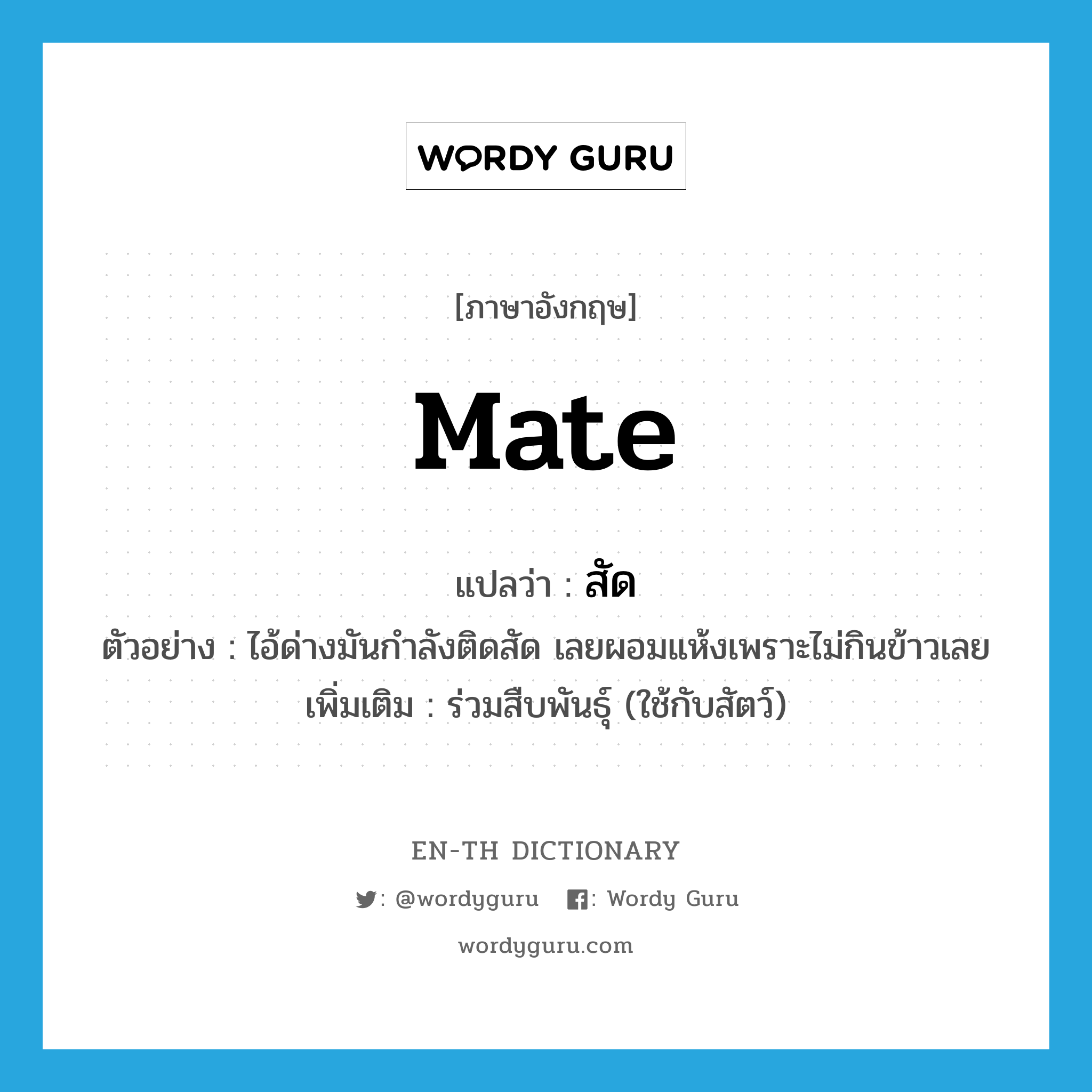 mate แปลว่า?, คำศัพท์ภาษาอังกฤษ mate แปลว่า สัด ประเภท V ตัวอย่าง ไอ้ด่างมันกำลังติดสัด เลยผอมแห้งเพราะไม่กินข้าวเลย เพิ่มเติม ร่วมสืบพันธุ์ (ใช้กับสัตว์) หมวด V