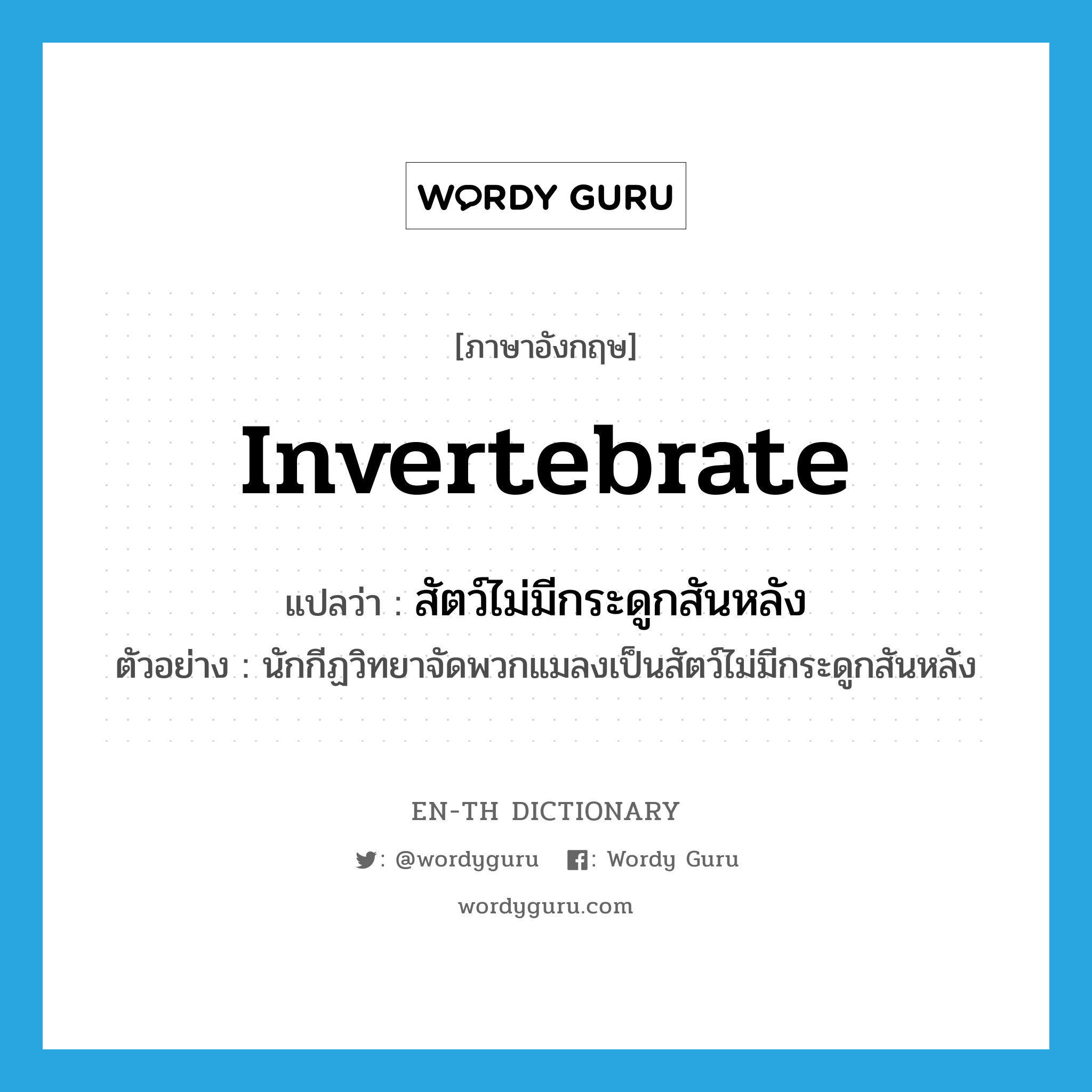 invertebrate แปลว่า?, คำศัพท์ภาษาอังกฤษ invertebrate แปลว่า สัตว์ไม่มีกระดูกสันหลัง ประเภท N ตัวอย่าง นักกีฏวิทยาจัดพวกแมลงเป็นสัตว์ไม่มีกระดูกสันหลัง หมวด N