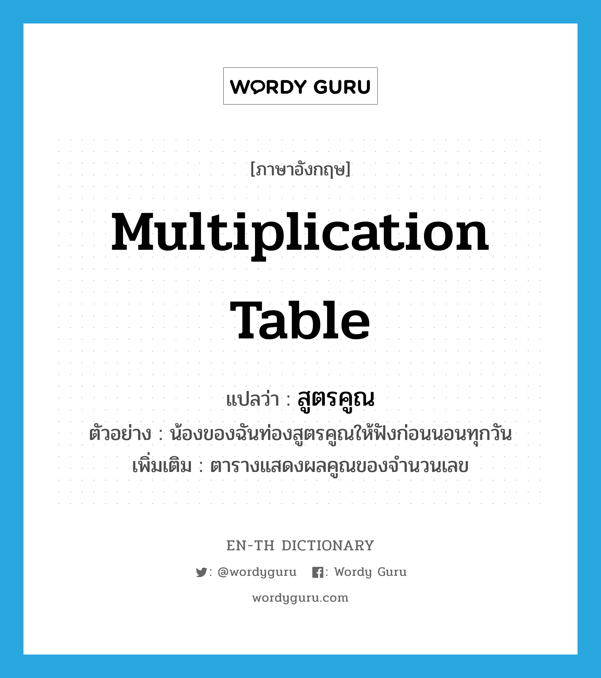 multiplication table แปลว่า?, คำศัพท์ภาษาอังกฤษ multiplication table แปลว่า สูตรคูณ ประเภท N ตัวอย่าง น้องของฉันท่องสูตรคูณให้ฟังก่อนนอนทุกวัน เพิ่มเติม ตารางแสดงผลคูณของจำนวนเลข หมวด N