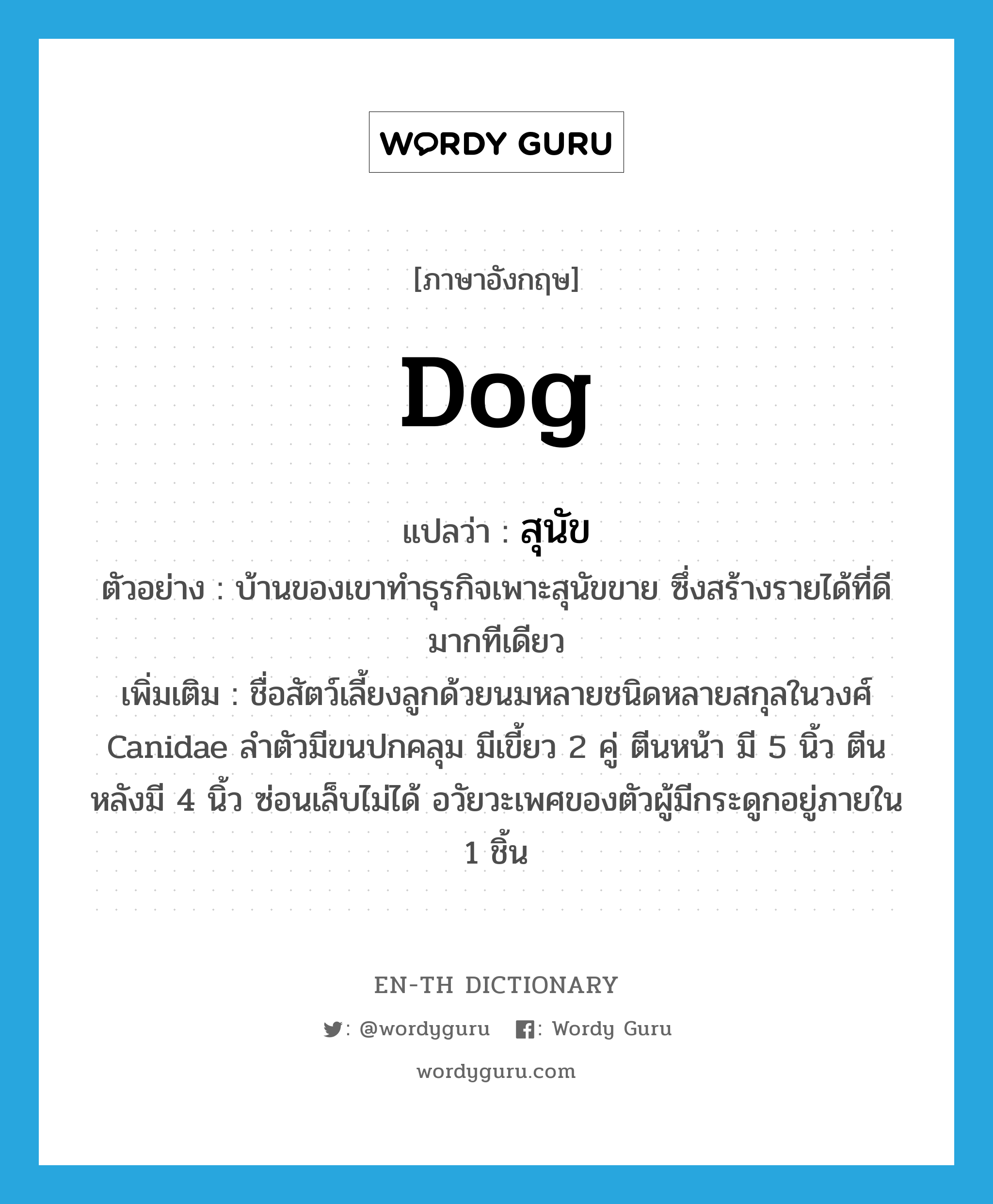 dog แปลว่า?, คำศัพท์ภาษาอังกฤษ dog แปลว่า สุนัข ประเภท N ตัวอย่าง บ้านของเขาทำธุรกิจเพาะสุนัขขาย ซึ่งสร้างรายได้ที่ดีมากทีเดียว เพิ่มเติม ชื่อสัตว์เลี้ยงลูกด้วยนมหลายชนิดหลายสกุลในวงศ์ Canidae ลำตัวมีขนปกคลุม มีเขี้ยว 2 คู่ ตีนหน้า มี 5 นิ้ว ตีนหลังมี 4 นิ้ว ซ่อนเล็บไม่ได้ อวัยวะเพศของตัวผู้มีกระดูกอยู่ภายใน 1 ชิ้น หมวด N