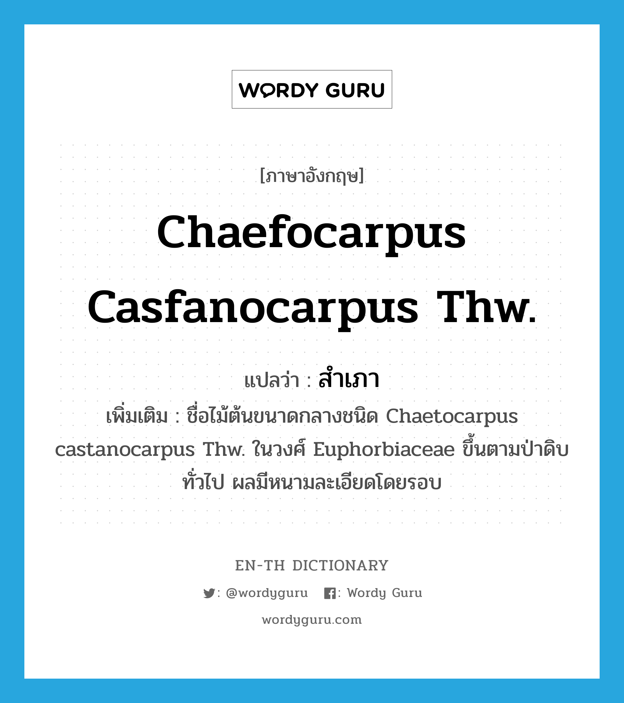 Chaefocarpus casfanocarpus Thw. แปลว่า?, คำศัพท์ภาษาอังกฤษ Chaefocarpus casfanocarpus Thw. แปลว่า สำเภา ประเภท N เพิ่มเติม ชื่อไม้ต้นขนาดกลางชนิด Chaetocarpus castanocarpus Thw. ในวงศ์ Euphorbiaceae ขึ้นตามป่าดิบทั่วไป ผลมีหนามละเอียดโดยรอบ หมวด N