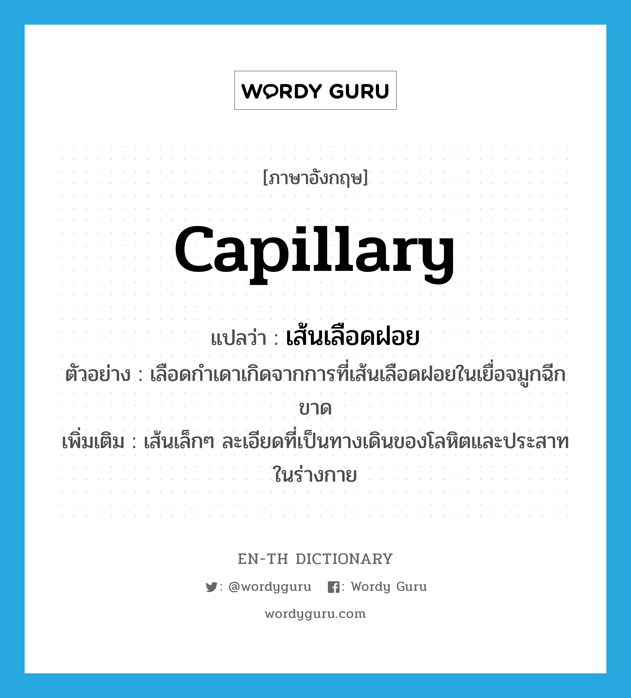 capillary แปลว่า?, คำศัพท์ภาษาอังกฤษ capillary แปลว่า เส้นเลือดฝอย ประเภท N ตัวอย่าง เลือดกำเดาเกิดจากการที่เส้นเลือดฝอยในเยื่อจมูกฉีกขาด เพิ่มเติม เส้นเล็กๆ ละเอียดที่เป็นทางเดินของโลหิตและประสาทในร่างกาย หมวด N