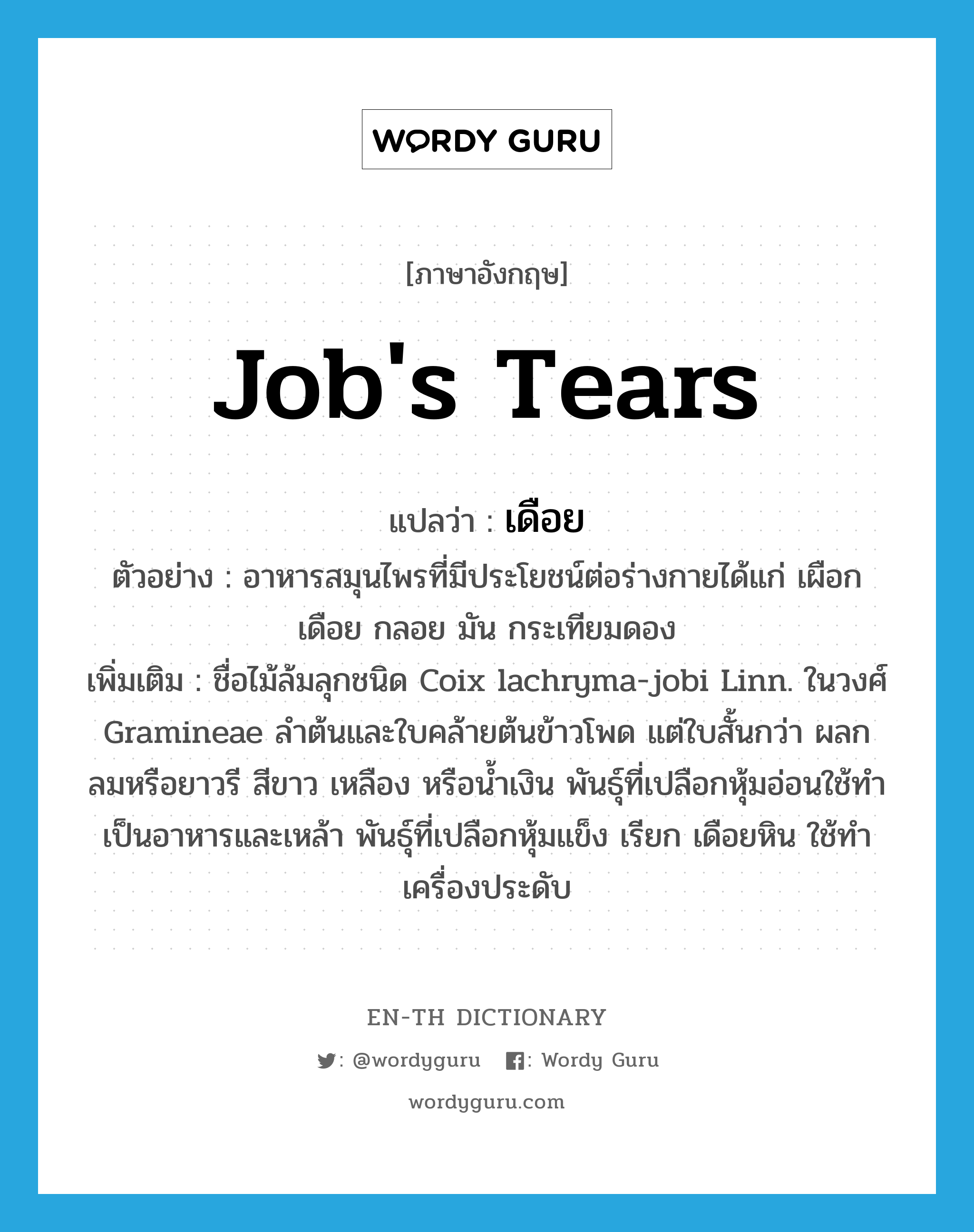 Job&#39;s tears แปลว่า?, คำศัพท์ภาษาอังกฤษ Job&#39;s tears แปลว่า เดือย ประเภท N ตัวอย่าง อาหารสมุนไพรที่มีประโยชน์ต่อร่างกายได้แก่ เผือก เดือย กลอย มัน กระเทียมดอง เพิ่มเติม ชื่อไม้ล้มลุกชนิด Coix lachryma-jobi Linn. ในวงศ์ Gramineae ลำต้นและใบคล้ายต้นข้าวโพด แต่ใบสั้นกว่า ผลกลมหรือยาวรี สีขาว เหลือง หรือน้ำเงิน พันธุ์ที่เปลือกหุ้มอ่อนใช้ทำเป็นอาหารและเหล้า พันธุ์ที่เปลือกหุ้มแข็ง เรียก เดือยหิน ใช้ทำเครื่องประดับ หมวด N