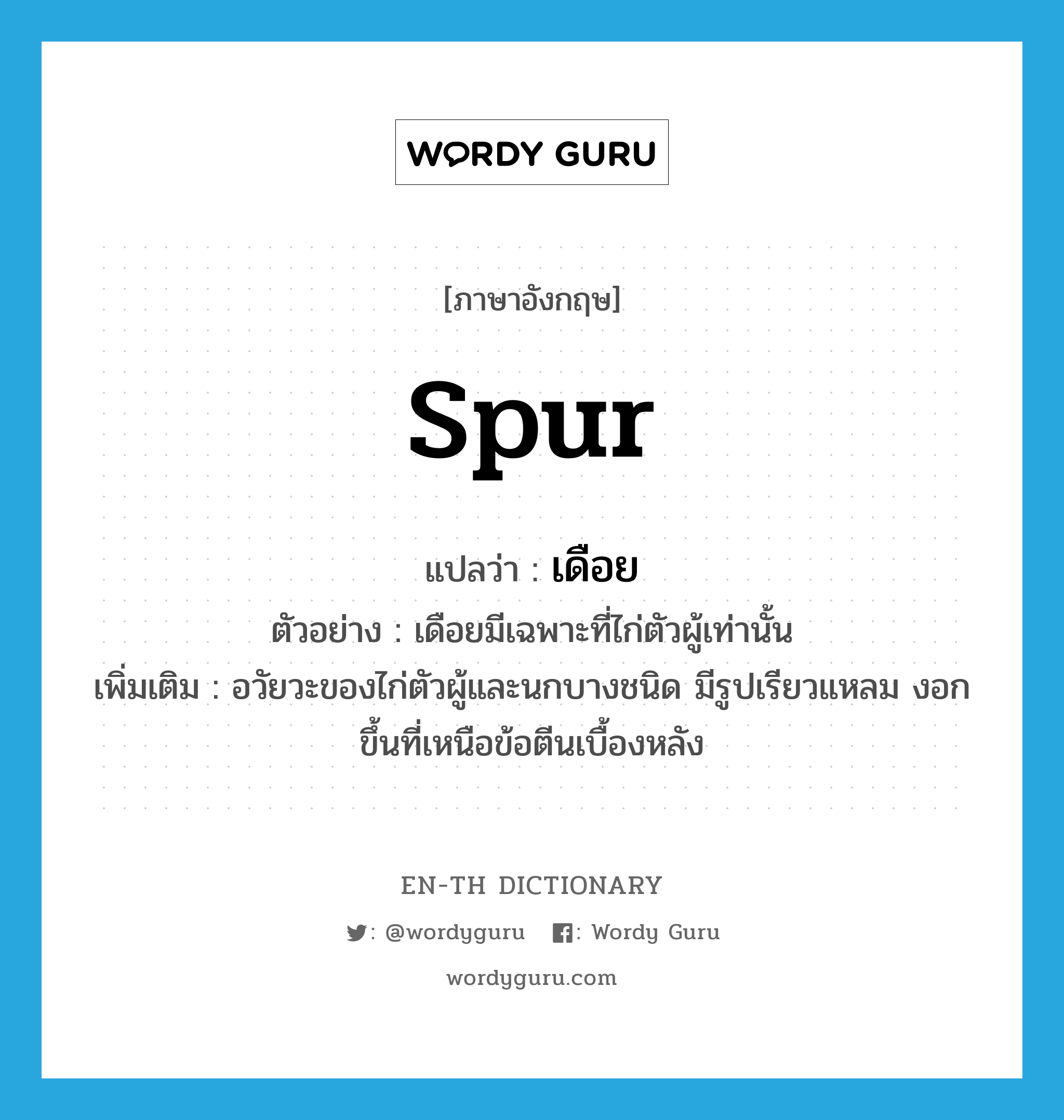 spur แปลว่า?, คำศัพท์ภาษาอังกฤษ spur แปลว่า เดือย ประเภท N ตัวอย่าง เดือยมีเฉพาะที่ไก่ตัวผู้เท่านั้น เพิ่มเติม อวัยวะของไก่ตัวผู้และนกบางชนิด มีรูปเรียวแหลม งอกขึ้นที่เหนือข้อตีนเบื้องหลัง หมวด N