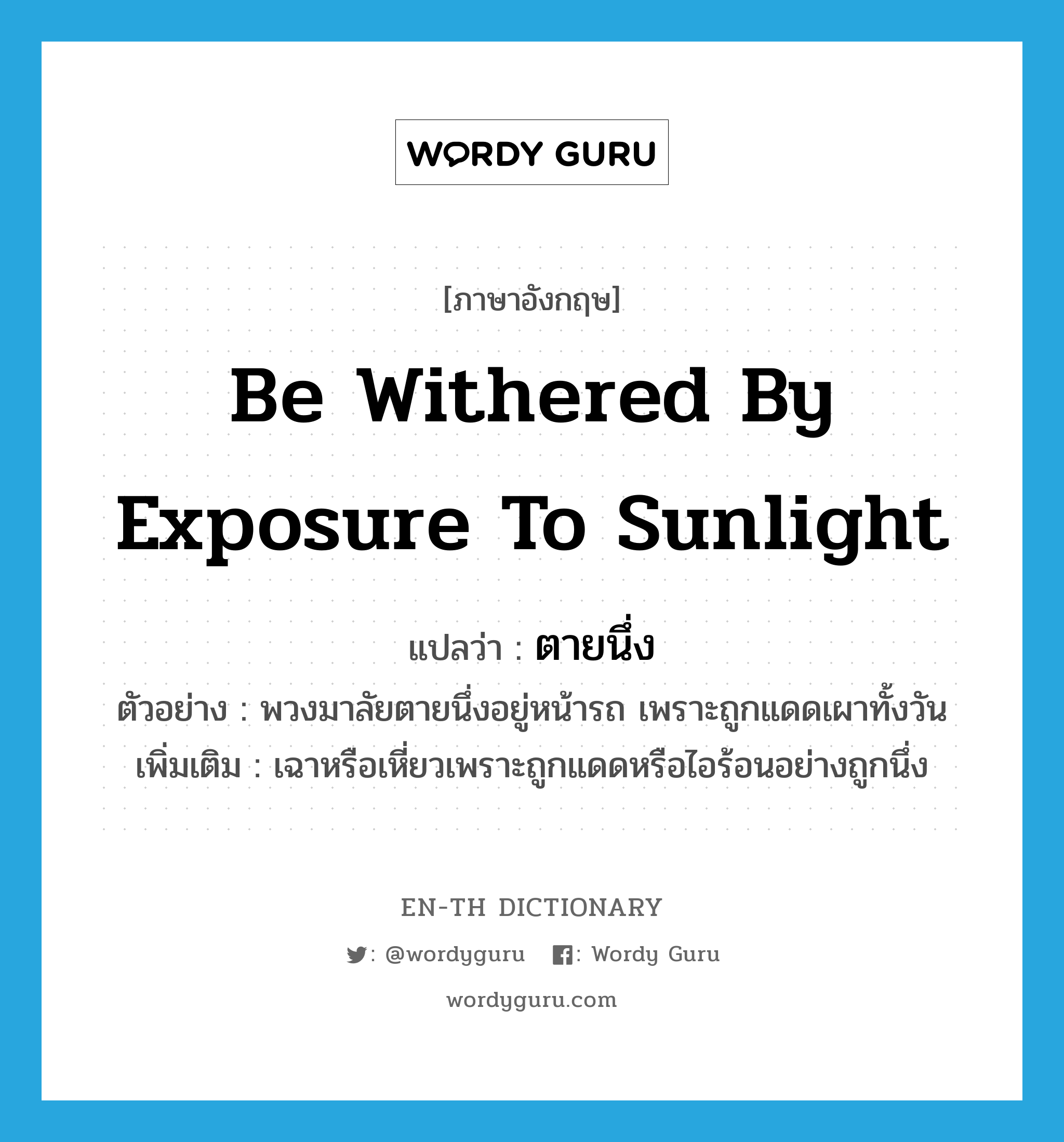 be withered by exposure to sunlight แปลว่า?, คำศัพท์ภาษาอังกฤษ be withered by exposure to sunlight แปลว่า ตายนึ่ง ประเภท V ตัวอย่าง พวงมาลัยตายนึ่งอยู่หน้ารถ เพราะถูกแดดเผาทั้งวัน เพิ่มเติม เฉาหรือเหี่ยวเพราะถูกแดดหรือไอร้อนอย่างถูกนึ่ง หมวด V