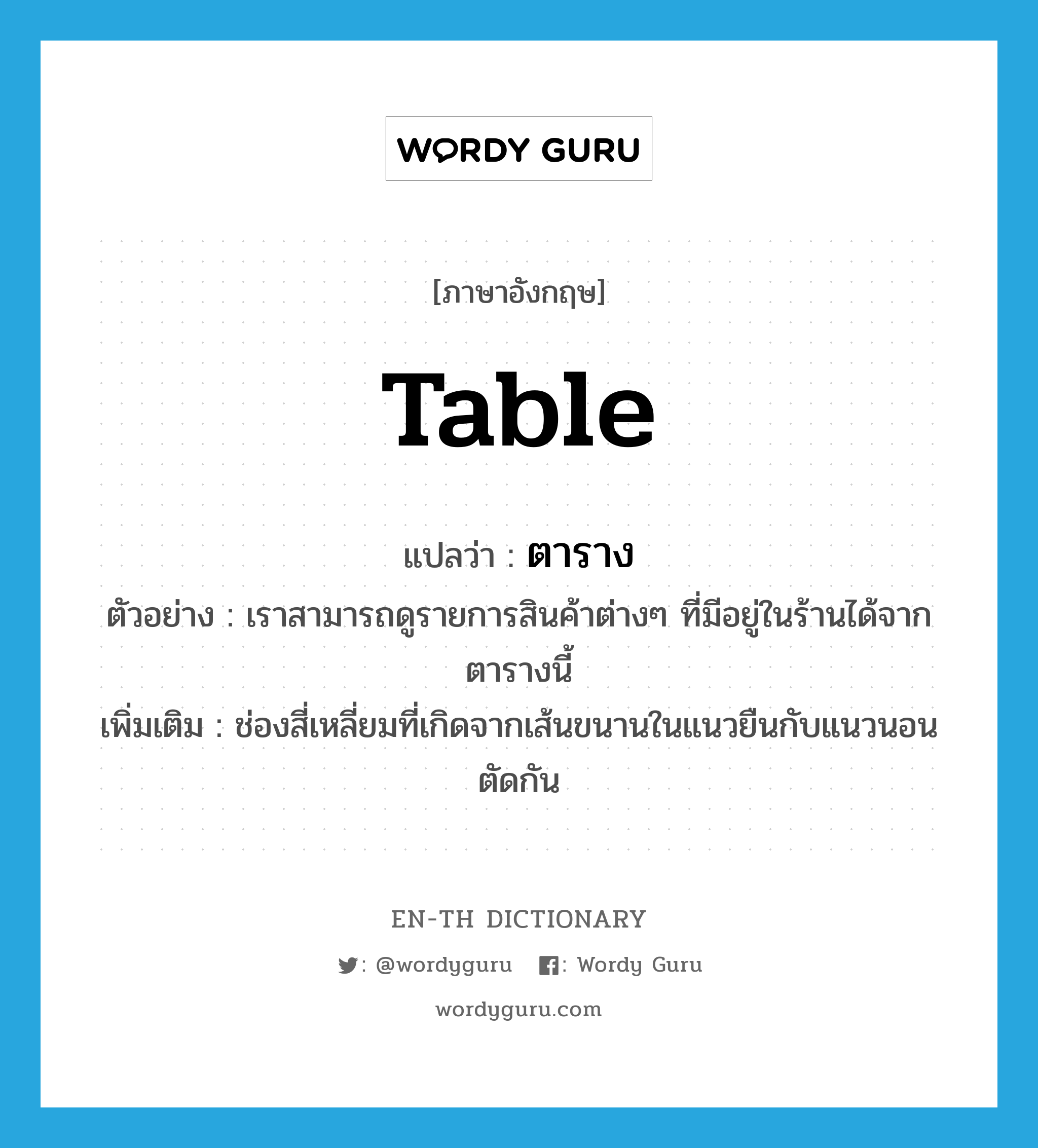 table แปลว่า?, คำศัพท์ภาษาอังกฤษ table แปลว่า ตาราง ประเภท N ตัวอย่าง เราสามารถดูรายการสินค้าต่างๆ ที่มีอยู่ในร้านได้จากตารางนี้ เพิ่มเติม ช่องสี่เหลี่ยมที่เกิดจากเส้นขนานในแนวยืนกับแนวนอนตัดกัน หมวด N