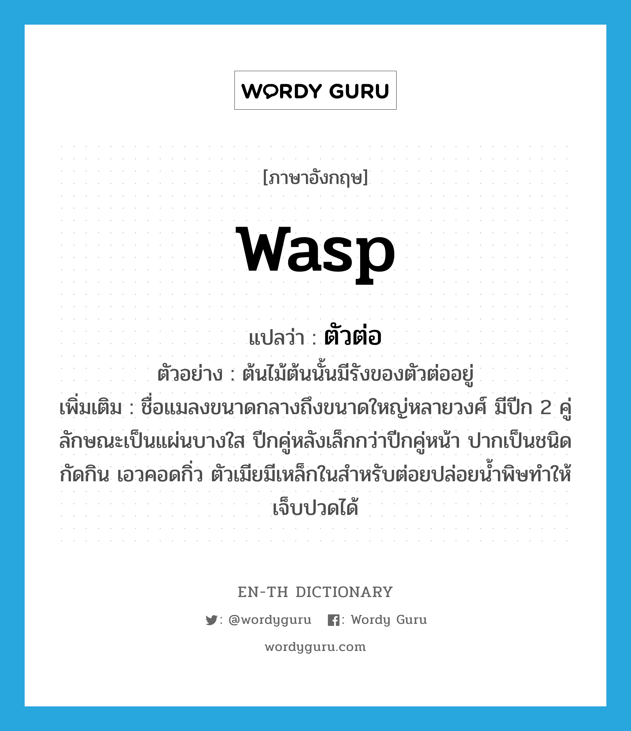 WASP แปลว่า?, คำศัพท์ภาษาอังกฤษ wasp แปลว่า ตัวต่อ ประเภท N ตัวอย่าง ต้นไม้ต้นนั้นมีรังของตัวต่ออยู่ เพิ่มเติม ชื่อแมลงขนาดกลางถึงขนาดใหญ่หลายวงศ์ มีปีก 2 คู่ ลักษณะเป็นแผ่นบางใส ปีกคู่หลังเล็กกว่าปีกคู่หน้า ปากเป็นชนิดกัดกิน เอวคอดกิ่ว ตัวเมียมีเหล็กในสำหรับต่อยปล่อยน้ำพิษทำให้เจ็บปวดได้ หมวด N