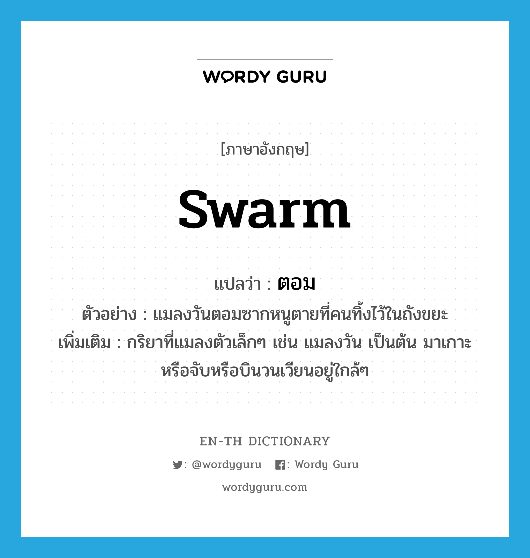 swarm แปลว่า?, คำศัพท์ภาษาอังกฤษ swarm แปลว่า ตอม ประเภท V ตัวอย่าง แมลงวันตอมซากหนูตายที่คนทิ้งไว้ในถังขยะ เพิ่มเติม กริยาที่แมลงตัวเล็กๆ เช่น แมลงวัน เป็นต้น มาเกาะหรือจับหรือบินวนเวียนอยู่ใกล้ๆ หมวด V