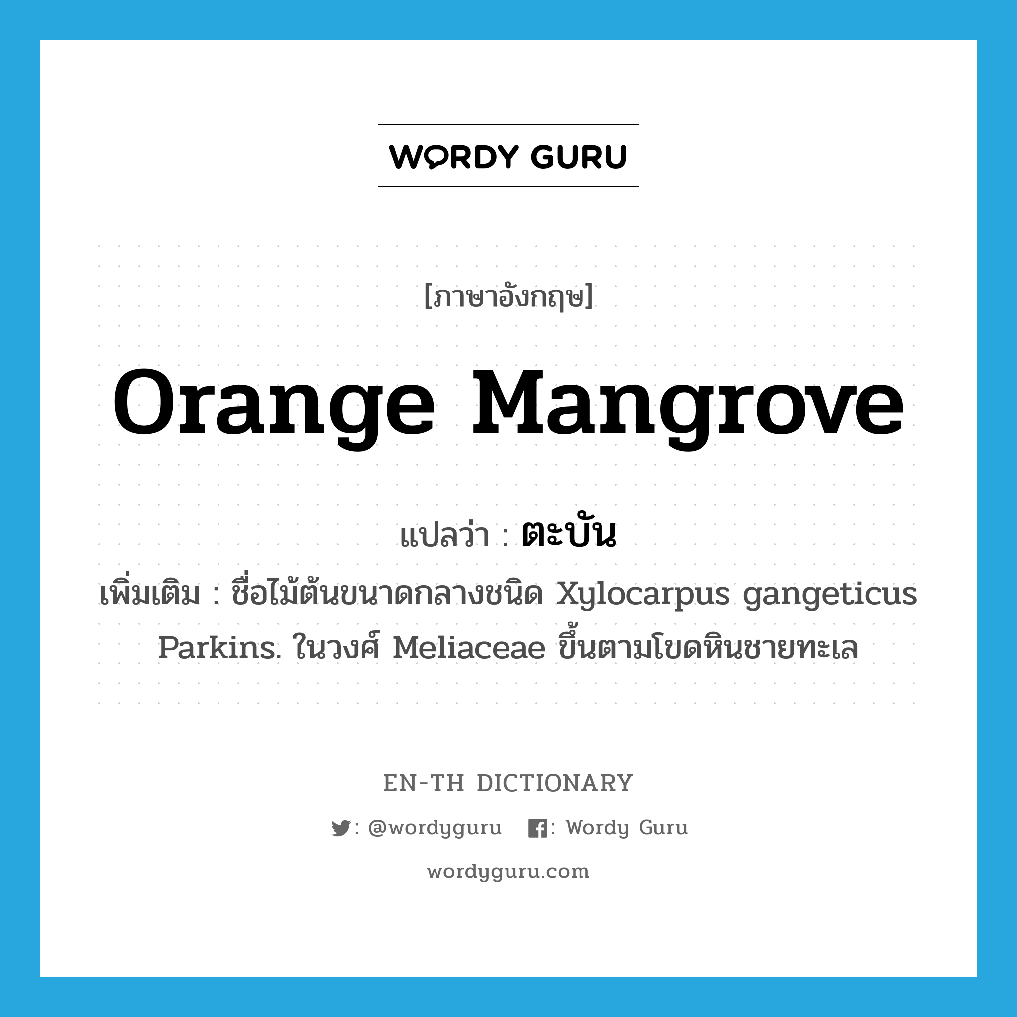 orange mangrove แปลว่า?, คำศัพท์ภาษาอังกฤษ orange mangrove แปลว่า ตะบัน ประเภท N เพิ่มเติม ชื่อไม้ต้นขนาดกลางชนิด Xylocarpus gangeticus Parkins. ในวงศ์ Meliaceae ขึ้นตามโขดหินชายทะเล หมวด N