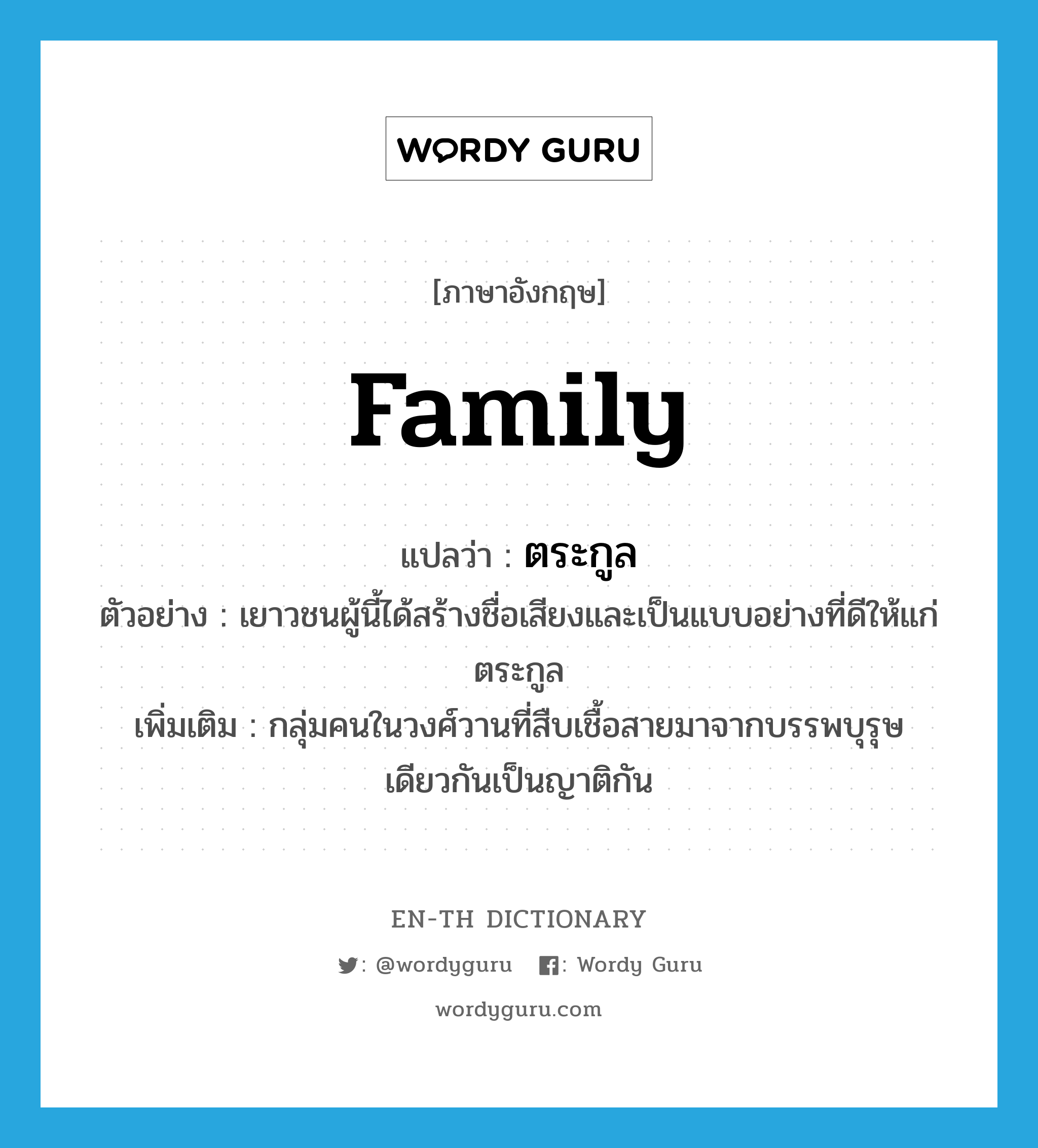 family แปลว่า?, คำศัพท์ภาษาอังกฤษ family แปลว่า ตระกูล ประเภท N ตัวอย่าง เยาวชนผู้นี้ได้สร้างชื่อเสียงและเป็นแบบอย่างที่ดีให้แก่ตระกูล เพิ่มเติม กลุ่มคนในวงศ์วานที่สืบเชื้อสายมาจากบรรพบุรุษเดียวกันเป็นญาติกัน หมวด N