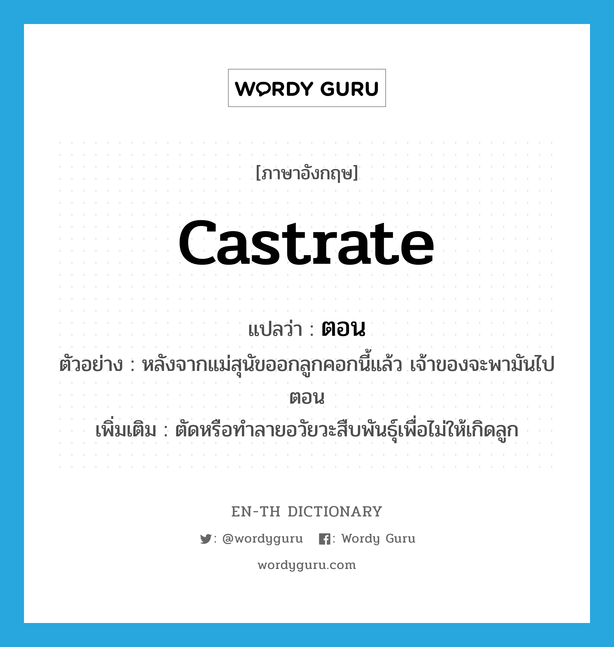 castrate แปลว่า?, คำศัพท์ภาษาอังกฤษ castrate แปลว่า ตอน ประเภท V ตัวอย่าง หลังจากแม่สุนัขออกลูกคอกนี้แล้ว เจ้าของจะพามันไปตอน เพิ่มเติม ตัดหรือทำลายอวัยวะสืบพันธุ์เพื่อไม่ให้เกิดลูก หมวด V