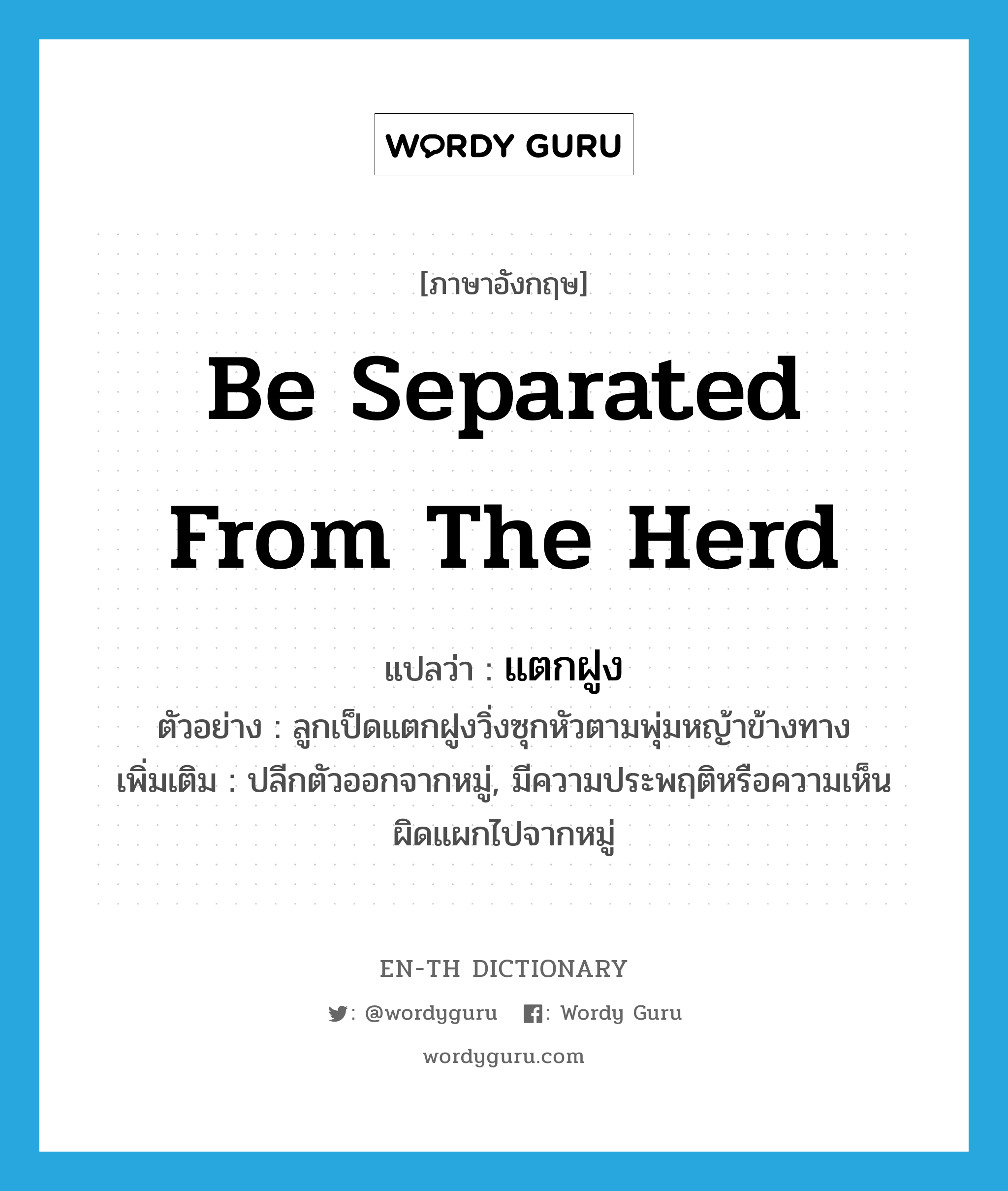 be separated from the herd แปลว่า?, คำศัพท์ภาษาอังกฤษ be separated from the herd แปลว่า แตกฝูง ประเภท V ตัวอย่าง ลูกเป็ดแตกฝูงวิ่งซุกหัวตามพุ่มหญ้าข้างทาง เพิ่มเติม ปลีกตัวออกจากหมู่, มีความประพฤติหรือความเห็นผิดแผกไปจากหมู่ หมวด V