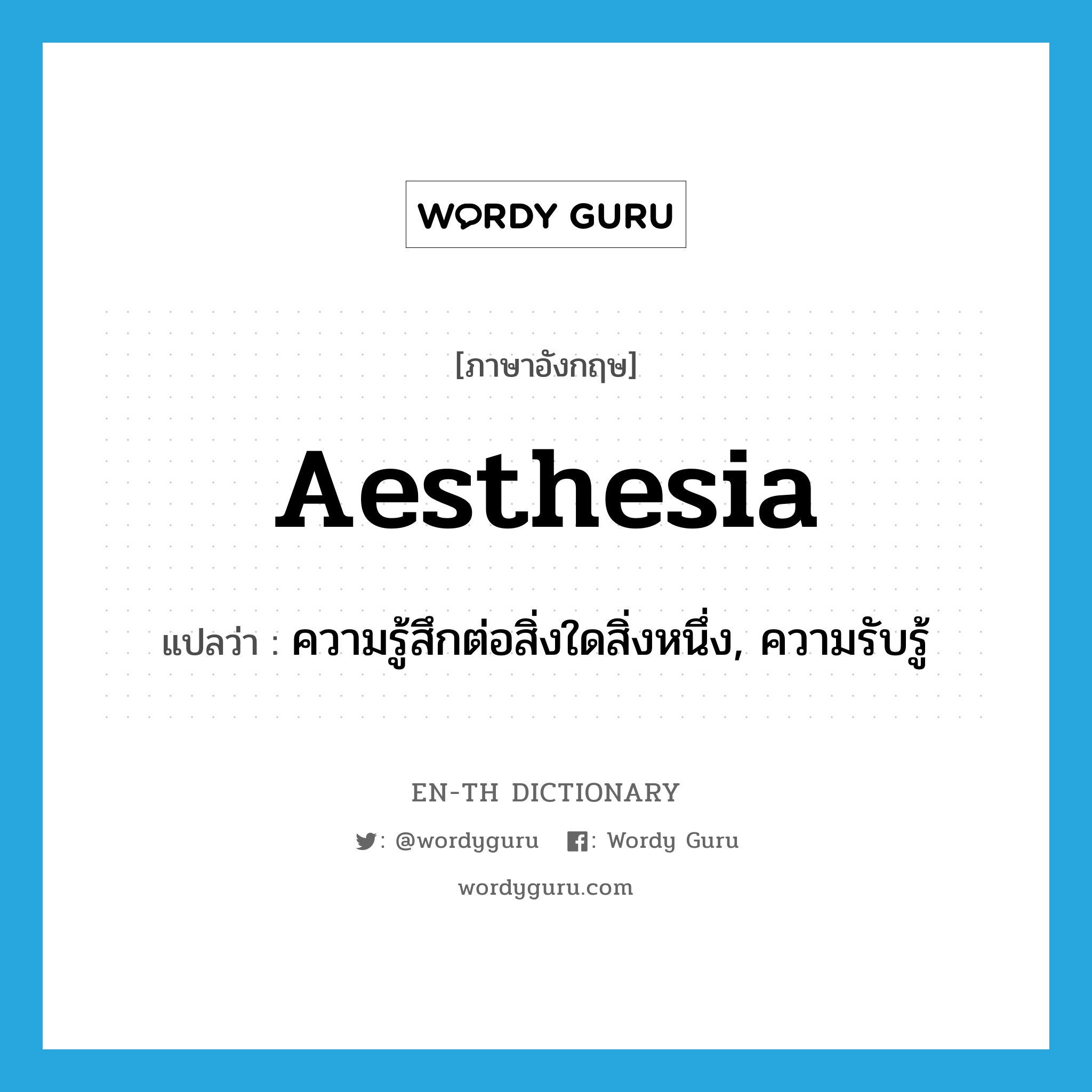 aesthesia แปลว่า?, คำศัพท์ภาษาอังกฤษ aesthesia แปลว่า ความรู้สึกต่อสิ่งใดสิ่งหนึ่ง, ความรับรู้ ประเภท N หมวด N