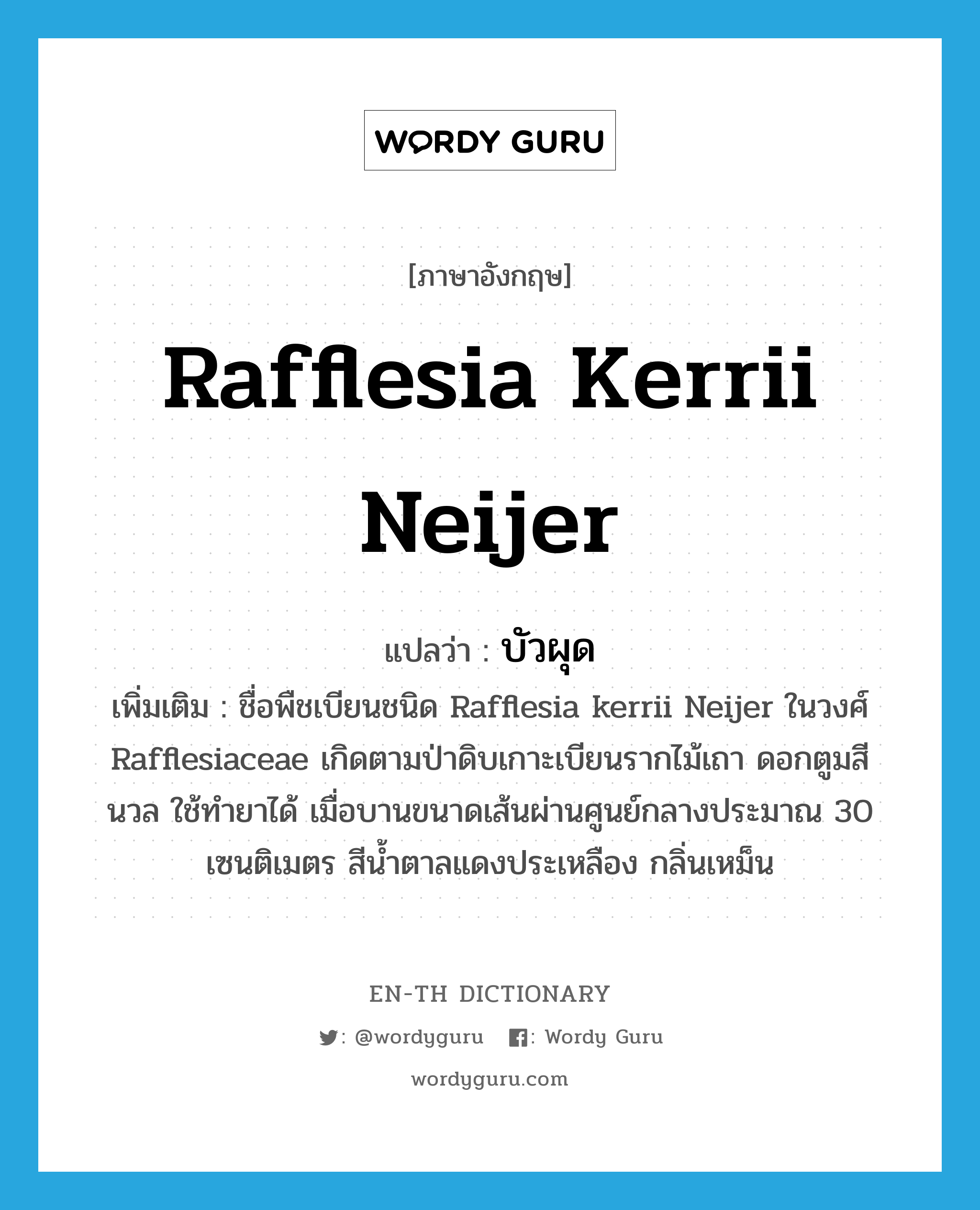 Rafflesia kerrii Neijer แปลว่า?, คำศัพท์ภาษาอังกฤษ Rafflesia kerrii Neijer แปลว่า บัวผุด ประเภท N เพิ่มเติม ชื่อพืชเบียนชนิด Rafflesia kerrii Neijer ในวงศ์ Rafflesiaceae เกิดตามป่าดิบเกาะเบียนรากไม้เถา ดอกตูมสีนวล ใช้ทำยาได้ เมื่อบานขนาดเส้นผ่านศูนย์กลางประมาณ 30 เซนติเมตร สีน้ำตาลแดงประเหลือง กลิ่นเหม็น หมวด N