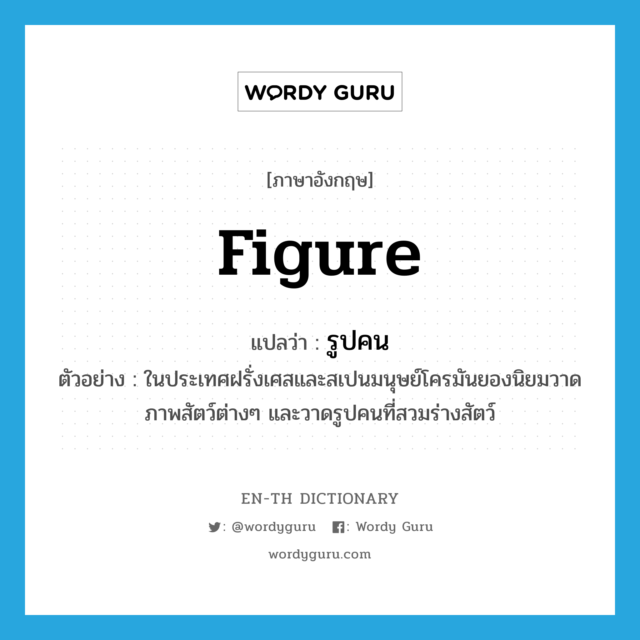 figure แปลว่า?, คำศัพท์ภาษาอังกฤษ figure แปลว่า รูปคน ประเภท N ตัวอย่าง ในประเทศฝรั่งเศสและสเปนมนุษย์โครมันยองนิยมวาดภาพสัตว์ต่างๆ และวาดรูปคนที่สวมร่างสัตว์ หมวด N