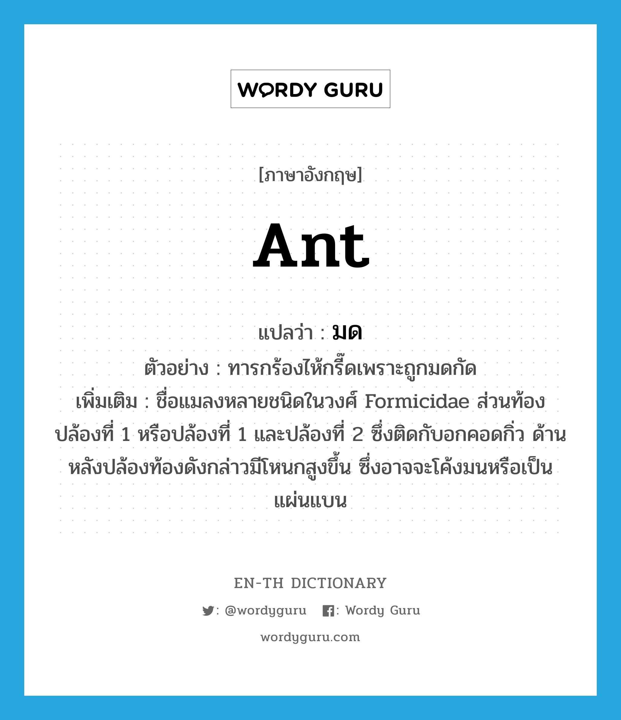 ant แปลว่า?, คำศัพท์ภาษาอังกฤษ ant แปลว่า มด ประเภท N ตัวอย่าง ทารกร้องไห้กรี๊ดเพราะถูกมดกัด เพิ่มเติม ชื่อแมลงหลายชนิดในวงศ์ Formicidae ส่วนท้องปล้องที่ 1 หรือปล้องที่ 1 และปล้องที่ 2 ซึ่งติดกับอกคอดกิ่ว ด้านหลังปล้องท้องดังกล่าวมีโหนกสูงขึ้น ซึ่งอาจจะโค้งมนหรือเป็นแผ่นแบน หมวด N