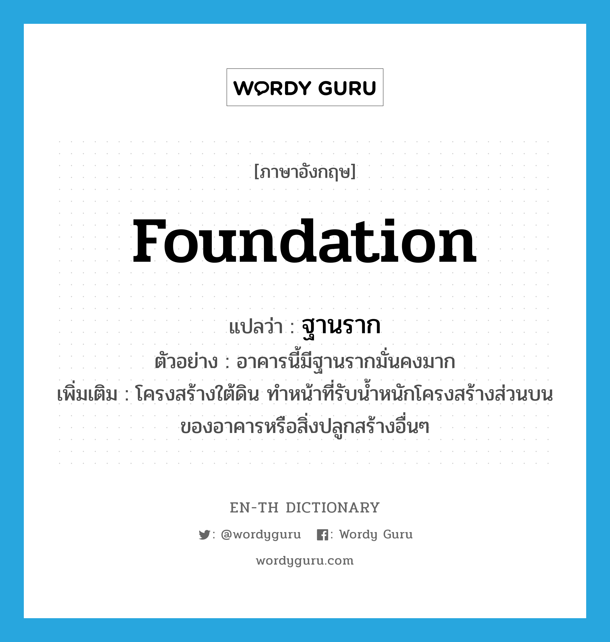 foundation แปลว่า?, คำศัพท์ภาษาอังกฤษ foundation แปลว่า ฐานราก ประเภท N ตัวอย่าง อาคารนี้มีฐานรากมั่นคงมาก เพิ่มเติม โครงสร้างใต้ดิน ทำหน้าที่รับน้ำหนักโครงสร้างส่วนบนของอาคารหรือสิ่งปลูกสร้างอื่นๆ หมวด N