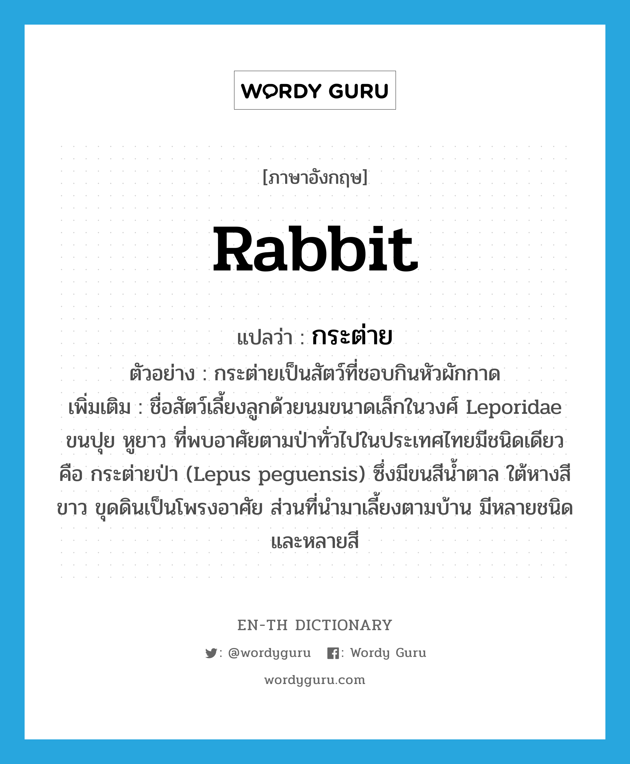 rabbit แปลว่า?, คำศัพท์ภาษาอังกฤษ rabbit แปลว่า กระต่าย ประเภท N ตัวอย่าง กระต่ายเป็นสัตว์ที่ชอบกินหัวผักกาด เพิ่มเติม ชื่อสัตว์เลี้ยงลูกด้วยนมขนาดเล็กในวงศ์ Leporidae ขนปุย หูยาว ที่พบอาศัยตามป่าทั่วไปในประเทศไทยมีชนิดเดียว คือ กระต่ายป่า (Lepus peguensis) ซึ่งมีขนสีน้ำตาล ใต้หางสีขาว ขุดดินเป็นโพรงอาศัย ส่วนที่นำมาเลี้ยงตามบ้าน มีหลายชนิดและหลายสี หมวด N