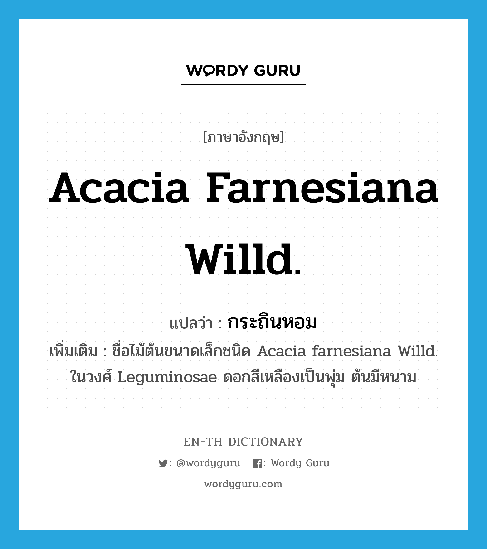 Acacia farnesiana Willd. แปลว่า?, คำศัพท์ภาษาอังกฤษ Acacia farnesiana Willd. แปลว่า กระถินหอม ประเภท N เพิ่มเติม ชื่อไม้ต้นขนาดเล็กชนิด Acacia farnesiana Willd. ในวงศ์ Leguminosae ดอกสีเหลืองเป็นพุ่ม ต้นมีหนาม หมวด N