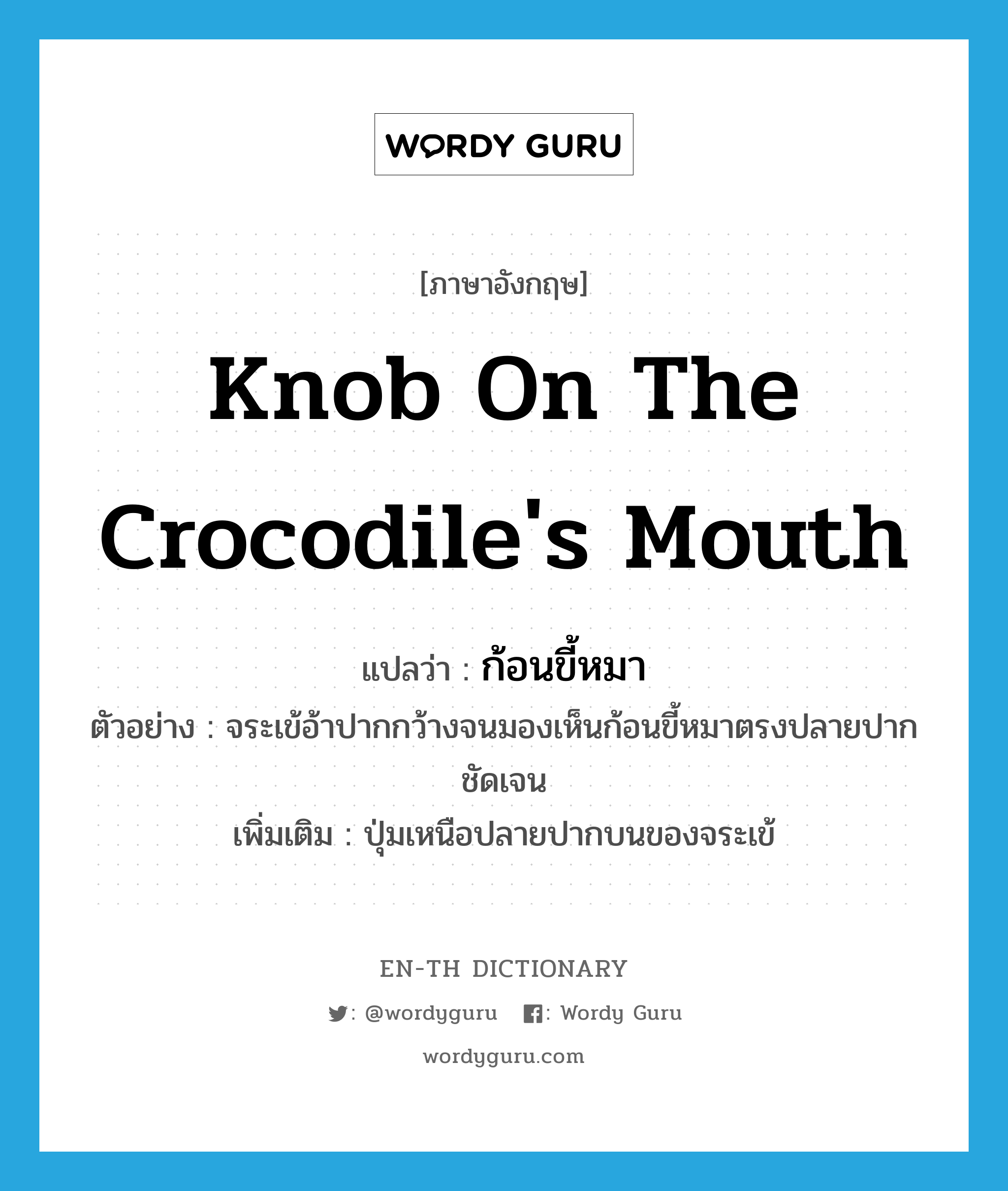 knob on the crocodile&#39;s mouth แปลว่า?, คำศัพท์ภาษาอังกฤษ knob on the crocodile&#39;s mouth แปลว่า ก้อนขี้หมา ประเภท N ตัวอย่าง จระเข้อ้าปากกว้างจนมองเห็นก้อนขี้หมาตรงปลายปากชัดเจน เพิ่มเติม ปุ่มเหนือปลายปากบนของจระเข้ หมวด N