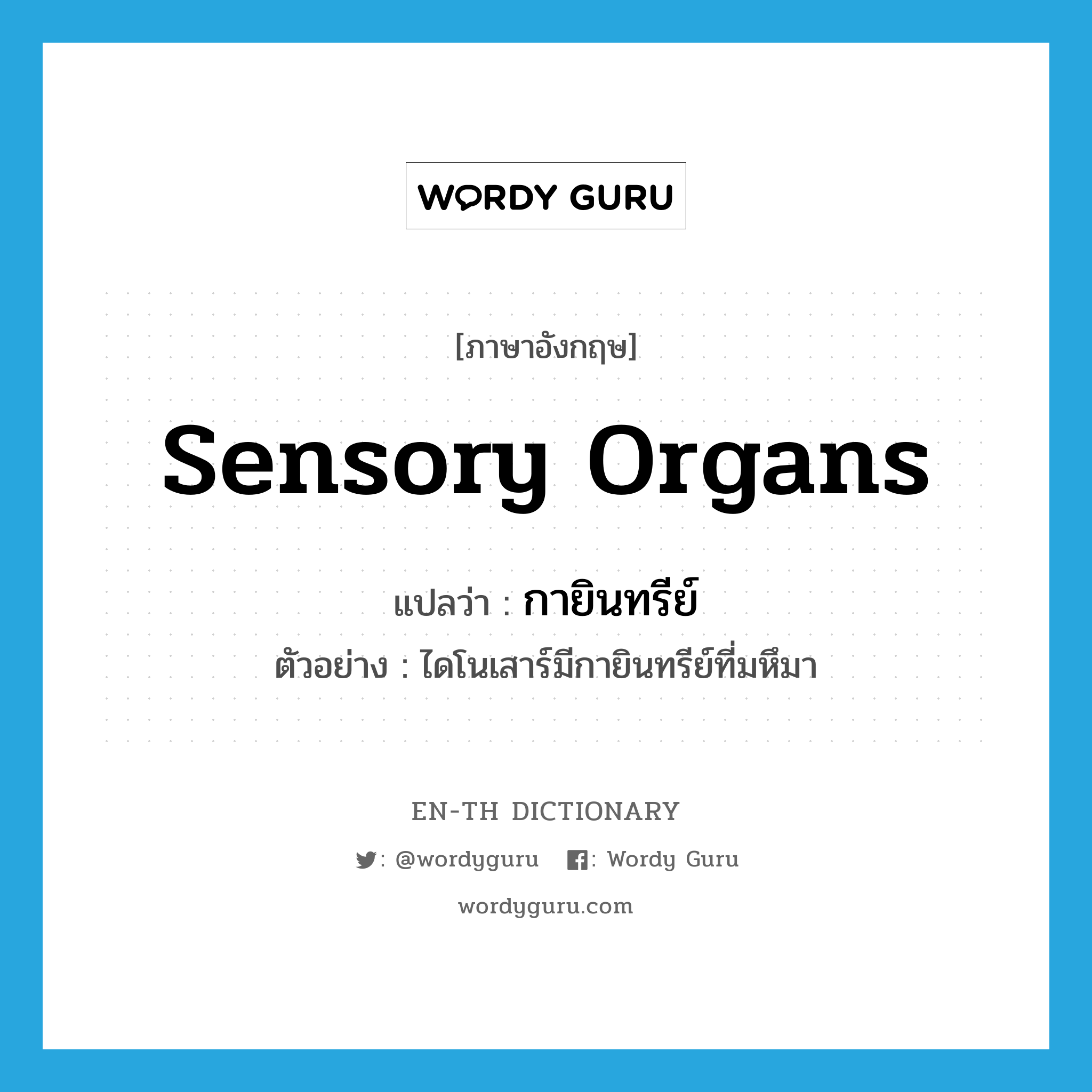 sensory organs แปลว่า?, คำศัพท์ภาษาอังกฤษ sensory organs แปลว่า กายินทรีย์ ประเภท N ตัวอย่าง ไดโนเสาร์มีกายินทรีย์ที่มหึมา หมวด N