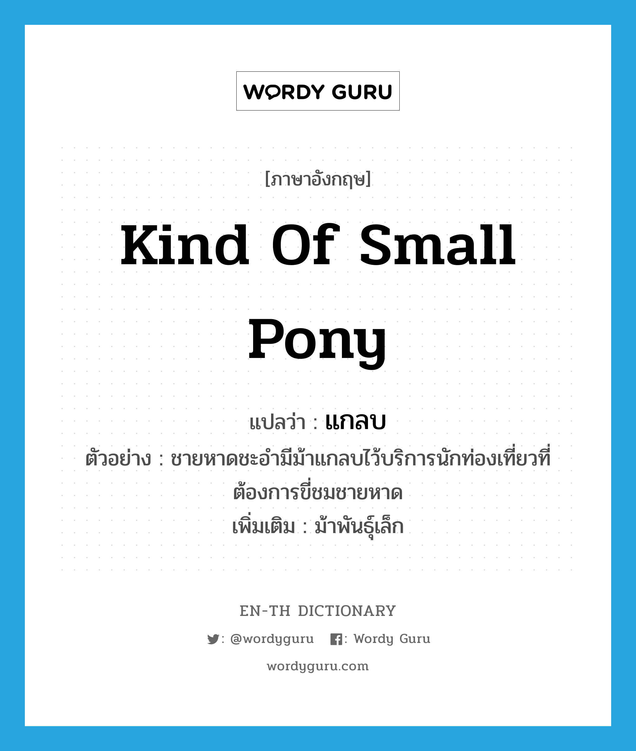 kind of small pony แปลว่า?, คำศัพท์ภาษาอังกฤษ kind of small pony แปลว่า แกลบ ประเภท N ตัวอย่าง ชายหาดชะอำมีม้าแกลบไว้บริการนักท่องเที่ยวที่ต้องการขี่ชมชายหาด เพิ่มเติม ม้าพันธุ์เล็ก หมวด N