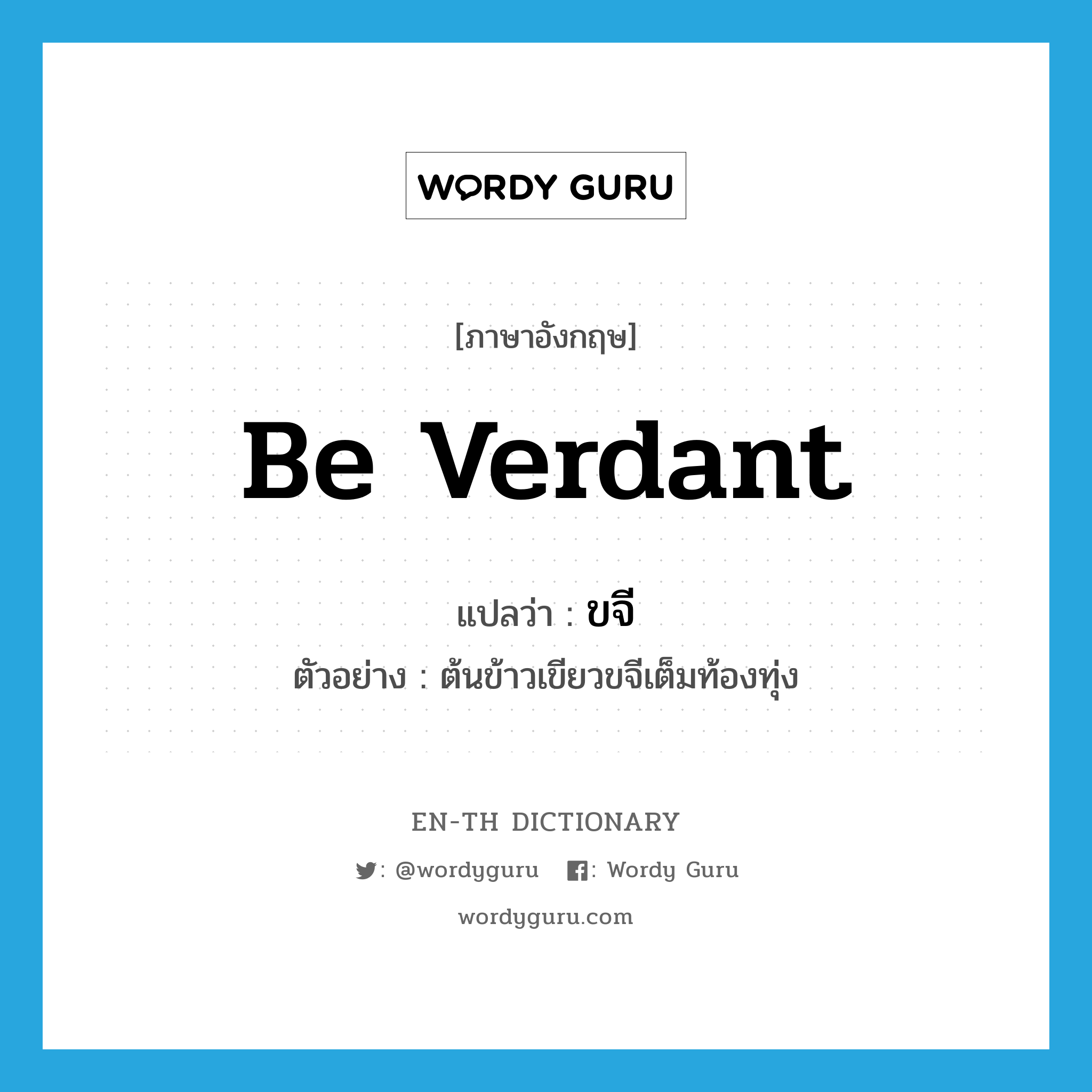 be verdant แปลว่า?, คำศัพท์ภาษาอังกฤษ be verdant แปลว่า ขจี ประเภท V ตัวอย่าง ต้นข้าวเขียวขจีเต็มท้องทุ่ง หมวด V