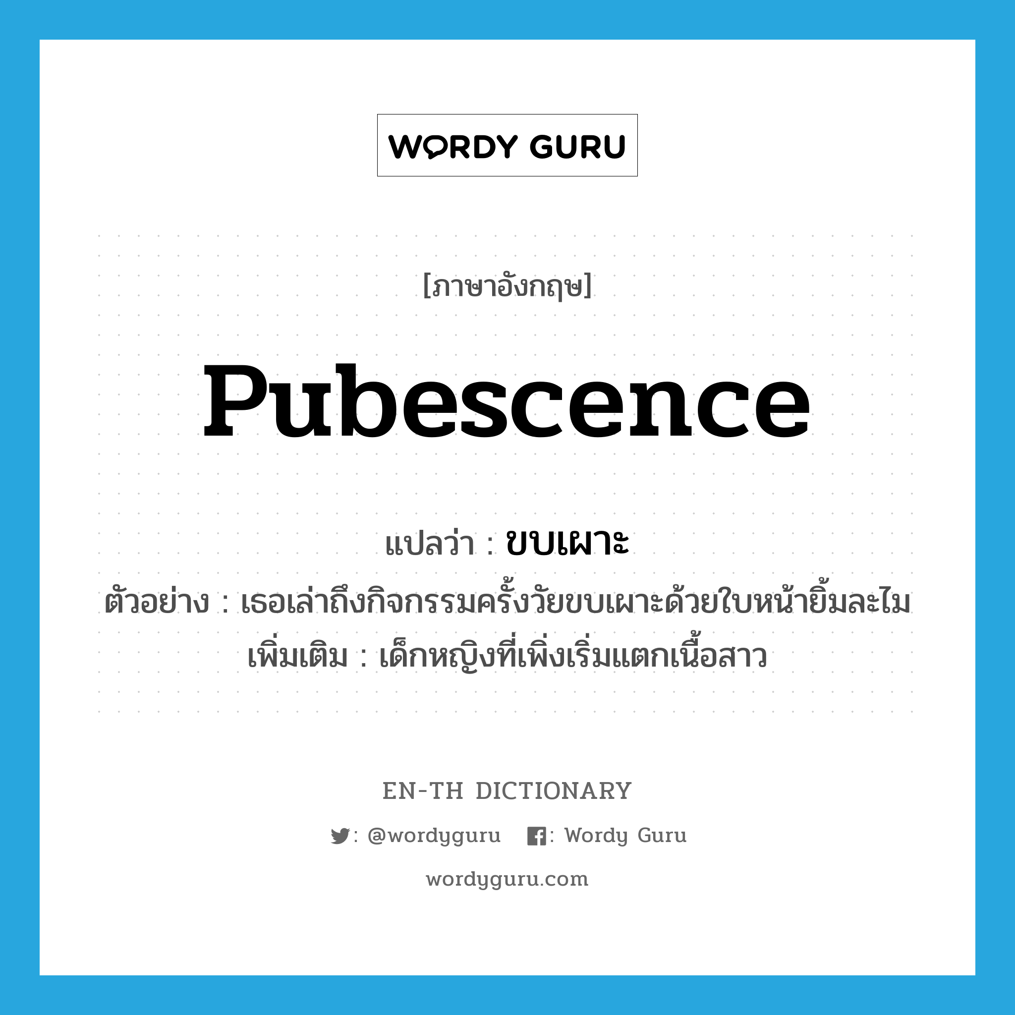 pubescence แปลว่า?, คำศัพท์ภาษาอังกฤษ pubescence แปลว่า ขบเผาะ ประเภท N ตัวอย่าง เธอเล่าถึงกิจกรรมครั้งวัยขบเผาะด้วยใบหน้ายิ้มละไม เพิ่มเติม เด็กหญิงที่เพิ่งเริ่มแตกเนื้อสาว หมวด N