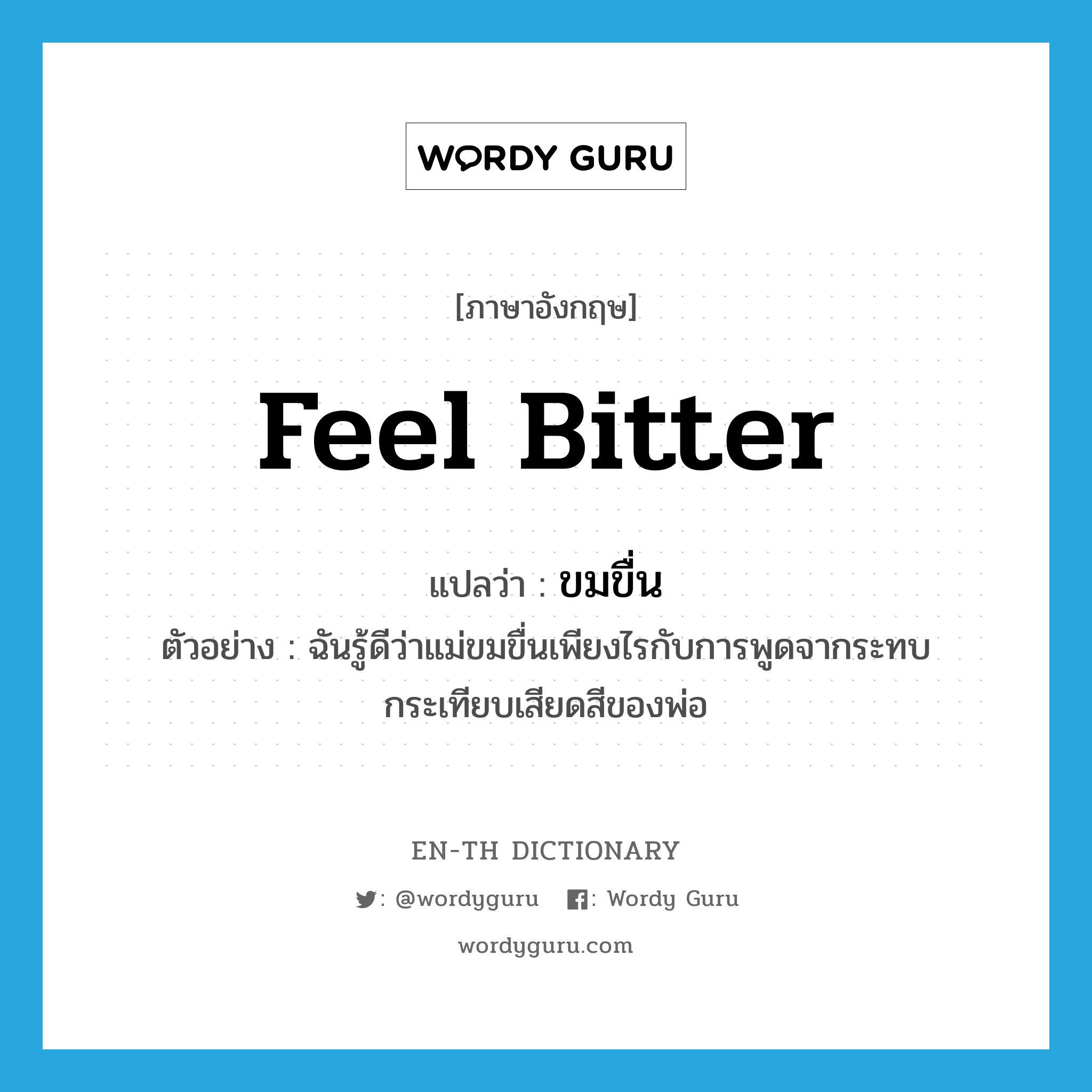 feel bitter แปลว่า?, คำศัพท์ภาษาอังกฤษ feel bitter แปลว่า ขมขื่น ประเภท V ตัวอย่าง ฉันรู้ดีว่าแม่ขมขื่นเพียงไรกับการพูดจากระทบกระเทียบเสียดสีของพ่อ หมวด V