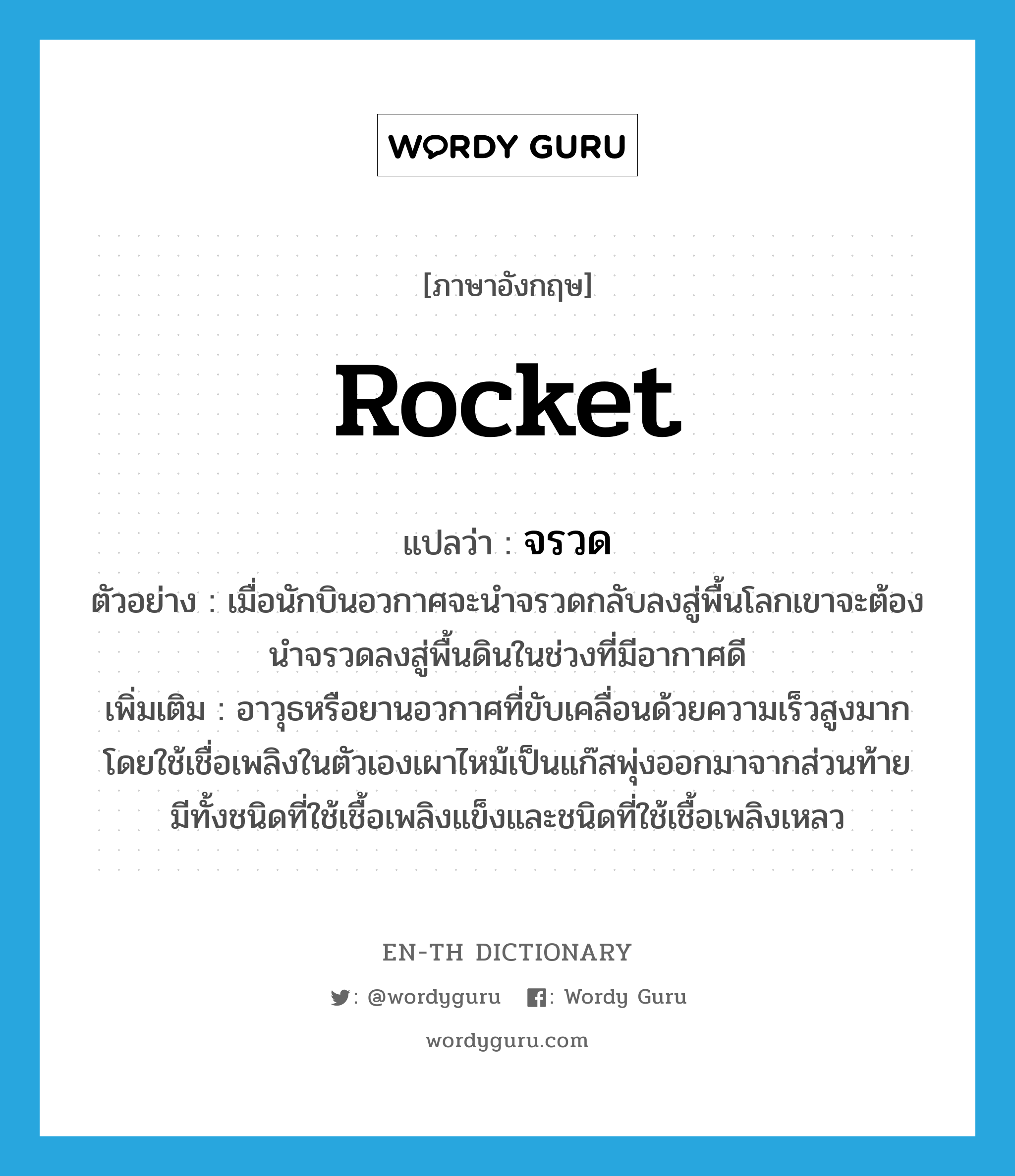 rocket แปลว่า?, คำศัพท์ภาษาอังกฤษ rocket แปลว่า จรวด ประเภท N ตัวอย่าง เมื่อนักบินอวกาศจะนำจรวดกลับลงสู่พื้นโลกเขาจะต้องนำจรวดลงสู่พื้นดินในช่วงที่มีอากาศดี เพิ่มเติม อาวุธหรือยานอวกาศที่ขับเคลื่อนด้วยความเร็วสูงมาก โดยใช้เชื่อเพลิงในตัวเองเผาไหม้เป็นแก๊สพุ่งออกมาจากส่วนท้าย มีทั้งชนิดที่ใช้เชื้อเพลิงแข็งและชนิดที่ใช้เชื้อเพลิงเหลว หมวด N