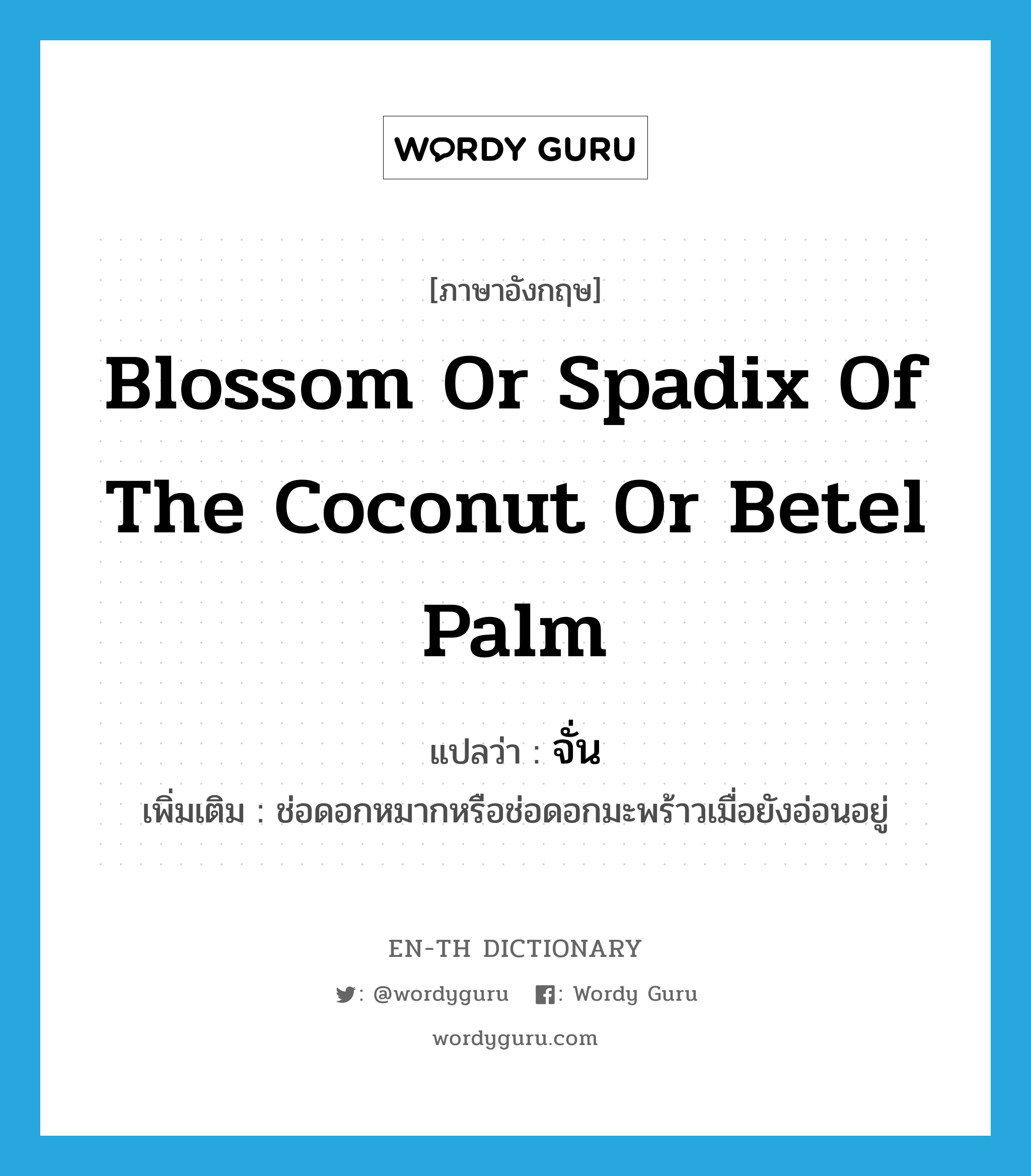 blossom or spadix of the coconut or betel palm แปลว่า?, คำศัพท์ภาษาอังกฤษ blossom or spadix of the coconut or betel palm แปลว่า จั่น ประเภท N เพิ่มเติม ช่อดอกหมากหรือช่อดอกมะพร้าวเมื่อยังอ่อนอยู่ หมวด N