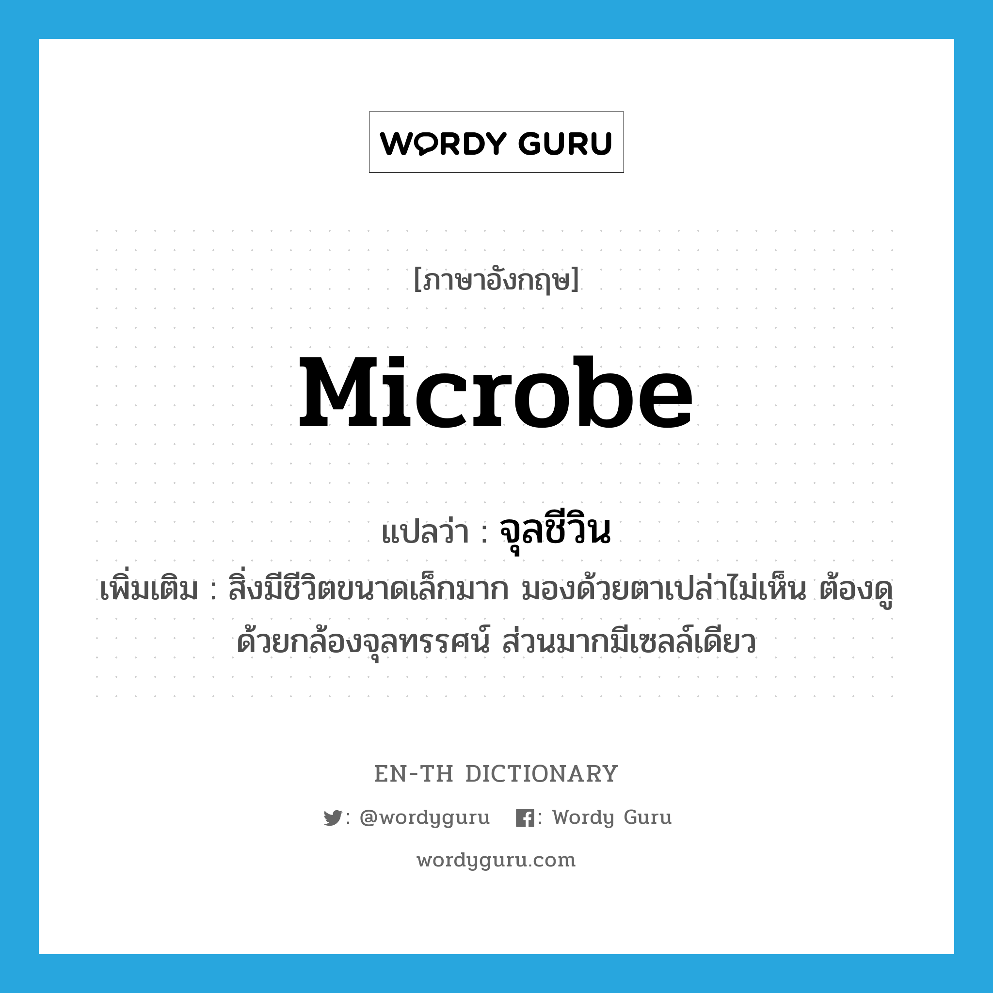 microbe แปลว่า?, คำศัพท์ภาษาอังกฤษ microbe แปลว่า จุลชีวิน ประเภท N เพิ่มเติม สิ่งมีชีวิตขนาดเล็กมาก มองด้วยตาเปล่าไม่เห็น ต้องดูด้วยกล้องจุลทรรศน์ ส่วนมากมีเซลล์เดียว หมวด N