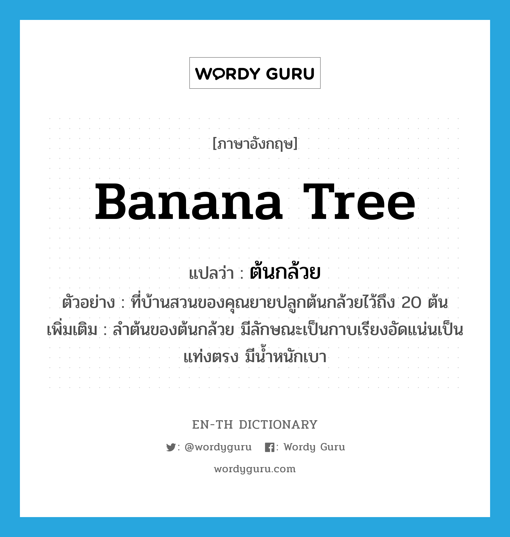 ต้นกล้วย ภาษาอังกฤษ?, คำศัพท์ภาษาอังกฤษ ต้นกล้วย แปลว่า banana tree ประเภท N ตัวอย่าง ที่บ้านสวนของคุณยายปลูกต้นกล้วยไว้ถึง 20 ต้น เพิ่มเติม ลำต้นของต้นกล้วย มีลักษณะเป็นกาบเรียงอัดแน่นเป็นแท่งตรง มีน้ำหนักเบา หมวด N