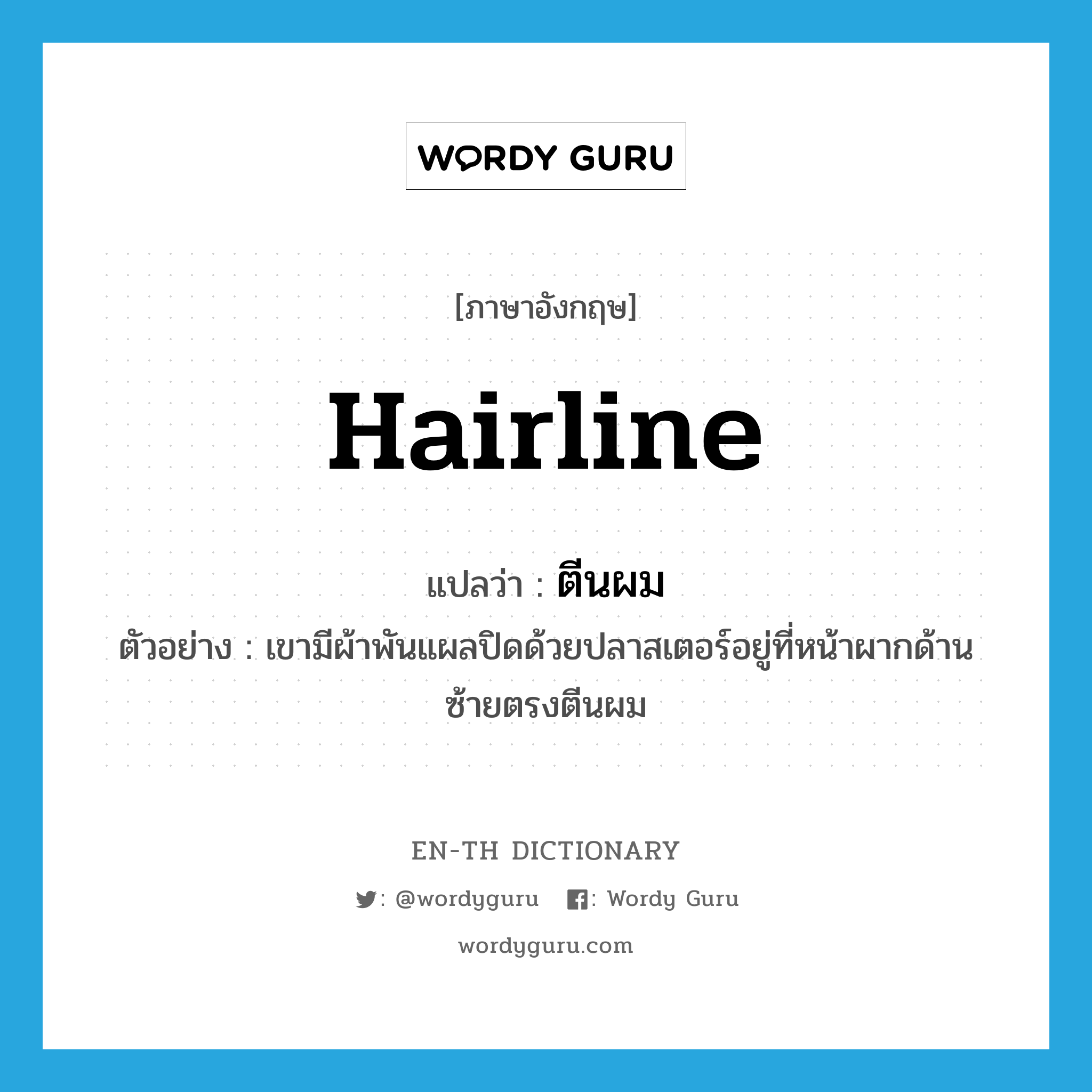 hairline แปลว่า?, คำศัพท์ภาษาอังกฤษ hairline แปลว่า ตีนผม ประเภท N ตัวอย่าง เขามีผ้าพันแผลปิดด้วยปลาสเตอร์อยู่ที่หน้าผากด้านซ้ายตรงตีนผม หมวด N