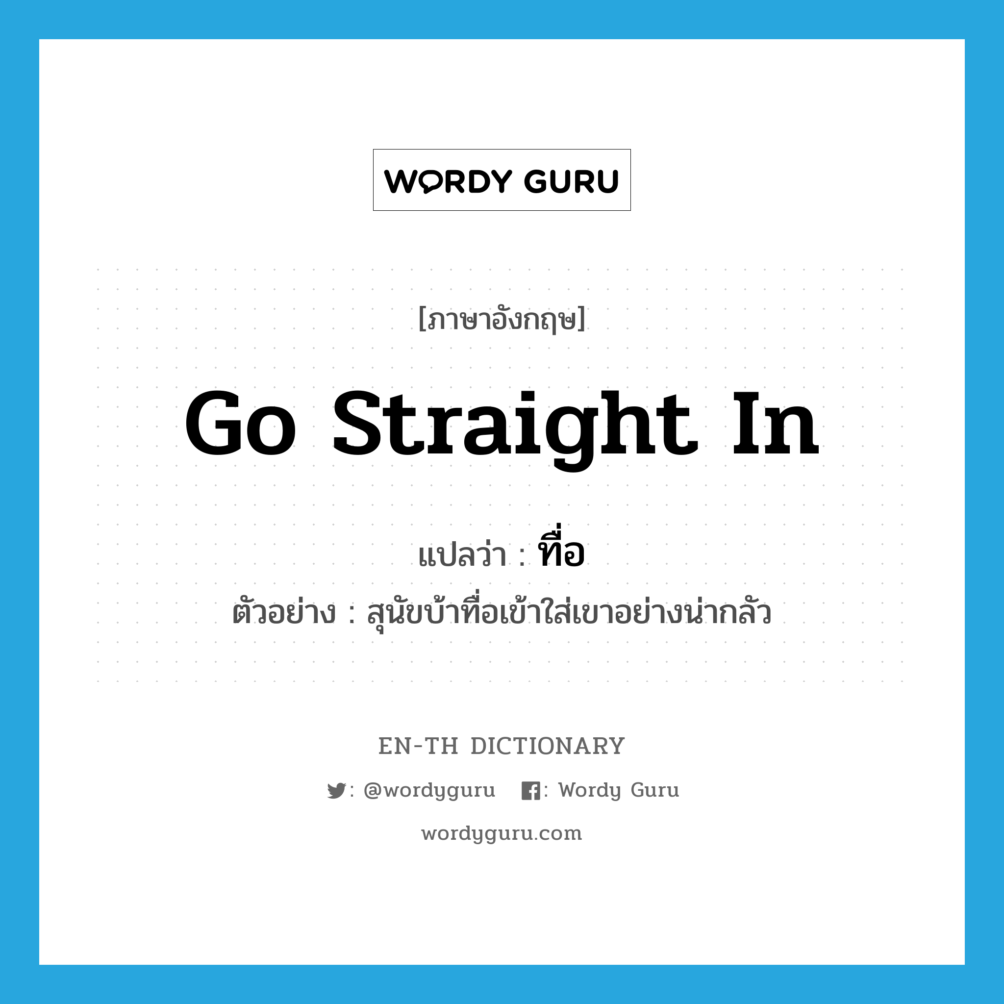 go straight in แปลว่า?, คำศัพท์ภาษาอังกฤษ go straight in แปลว่า ทื่อ ประเภท V ตัวอย่าง สุนัขบ้าทื่อเข้าใส่เขาอย่างน่ากลัว หมวด V