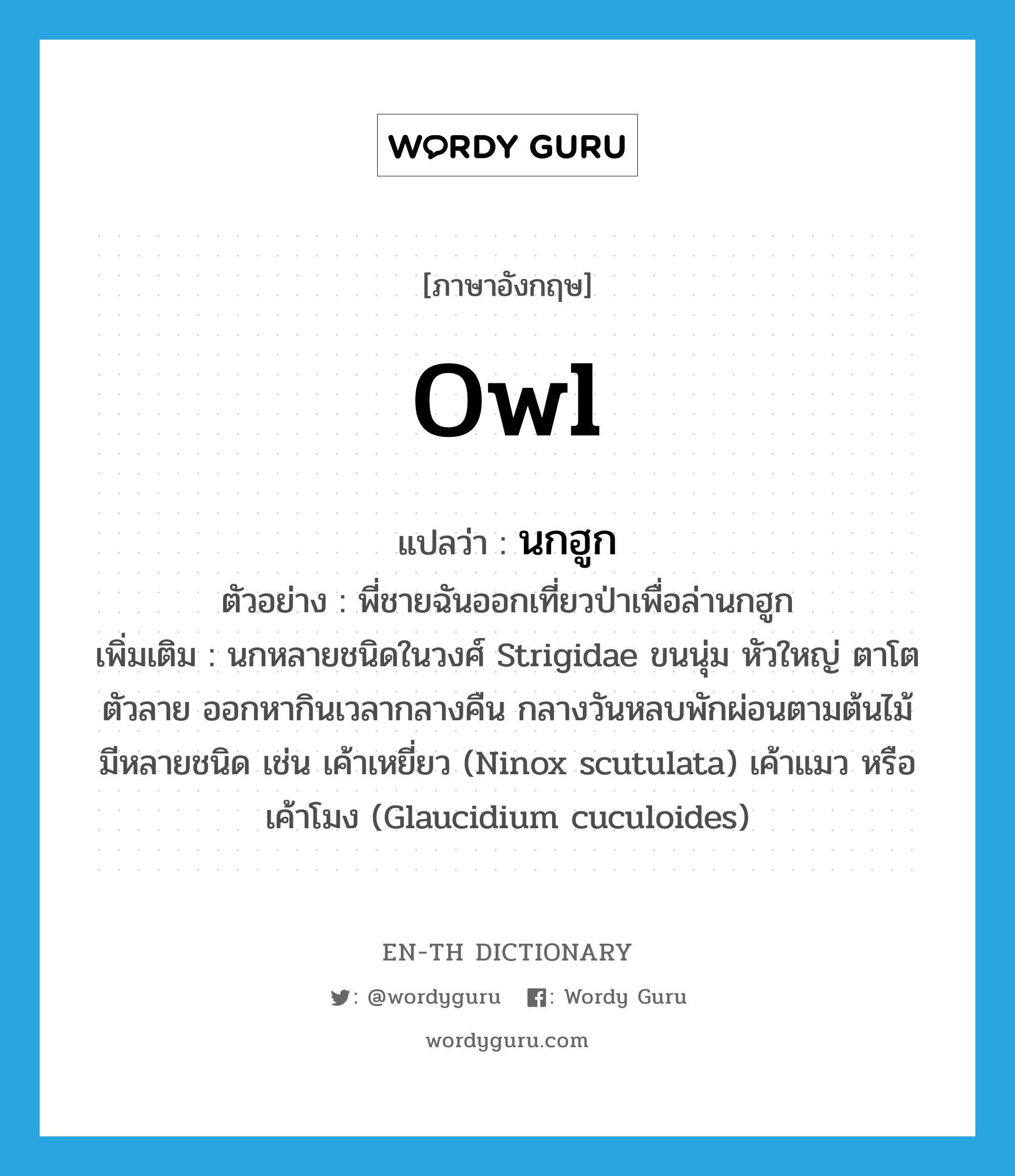 owl แปลว่า?, คำศัพท์ภาษาอังกฤษ owl แปลว่า นกฮูก ประเภท N ตัวอย่าง พี่ชายฉันออกเที่ยวป่าเพื่อล่านกฮูก เพิ่มเติม นกหลายชนิดในวงศ์ Strigidae ขนนุ่ม หัวใหญ่ ตาโต ตัวลาย ออกหากินเวลากลางคืน กลางวันหลบพักผ่อนตามต้นไม้ มีหลายชนิด เช่น เค้าเหยี่ยว (Ninox scutulata) เค้าแมว หรือ เค้าโมง (Glaucidium cuculoides) หมวด N