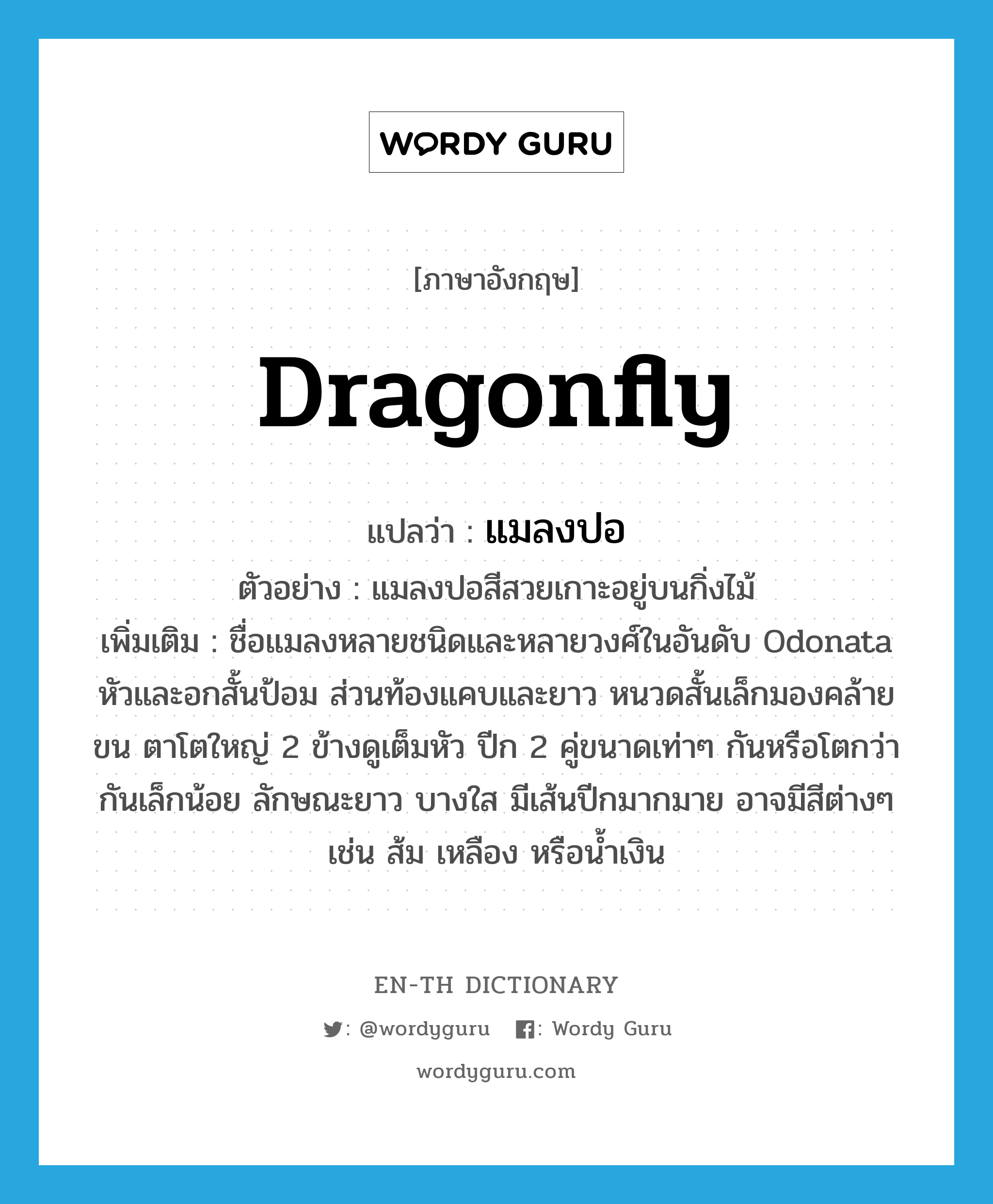 dragonfly แปลว่า?, คำศัพท์ภาษาอังกฤษ dragonfly แปลว่า แมลงปอ ประเภท N ตัวอย่าง แมลงปอสีสวยเกาะอยู่บนกิ่งไม้ เพิ่มเติม ชื่อแมลงหลายชนิดและหลายวงศ์ในอันดับ Odonata หัวและอกสั้นป้อม ส่วนท้องแคบและยาว หนวดสั้นเล็กมองคล้ายขน ตาโตใหญ่ 2 ข้างดูเต็มหัว ปีก 2 คู่ขนาดเท่าๆ กันหรือโตกว่ากันเล็กน้อย ลักษณะยาว บางใส มีเส้นปีกมากมาย อาจมีสีต่างๆ เช่น ส้ม เหลือง หรือน้ำเงิน หมวด N