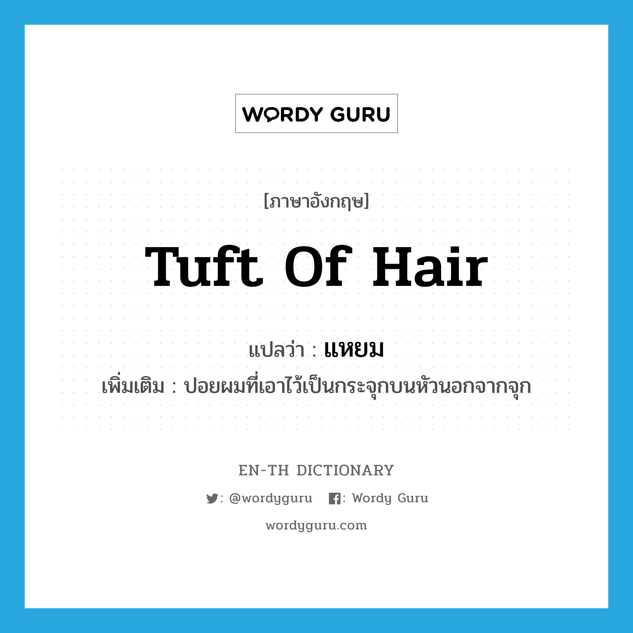 tuft of hair แปลว่า?, คำศัพท์ภาษาอังกฤษ tuft of hair แปลว่า แหยม ประเภท N เพิ่มเติม ปอยผมที่เอาไว้เป็นกระจุกบนหัวนอกจากจุก หมวด N