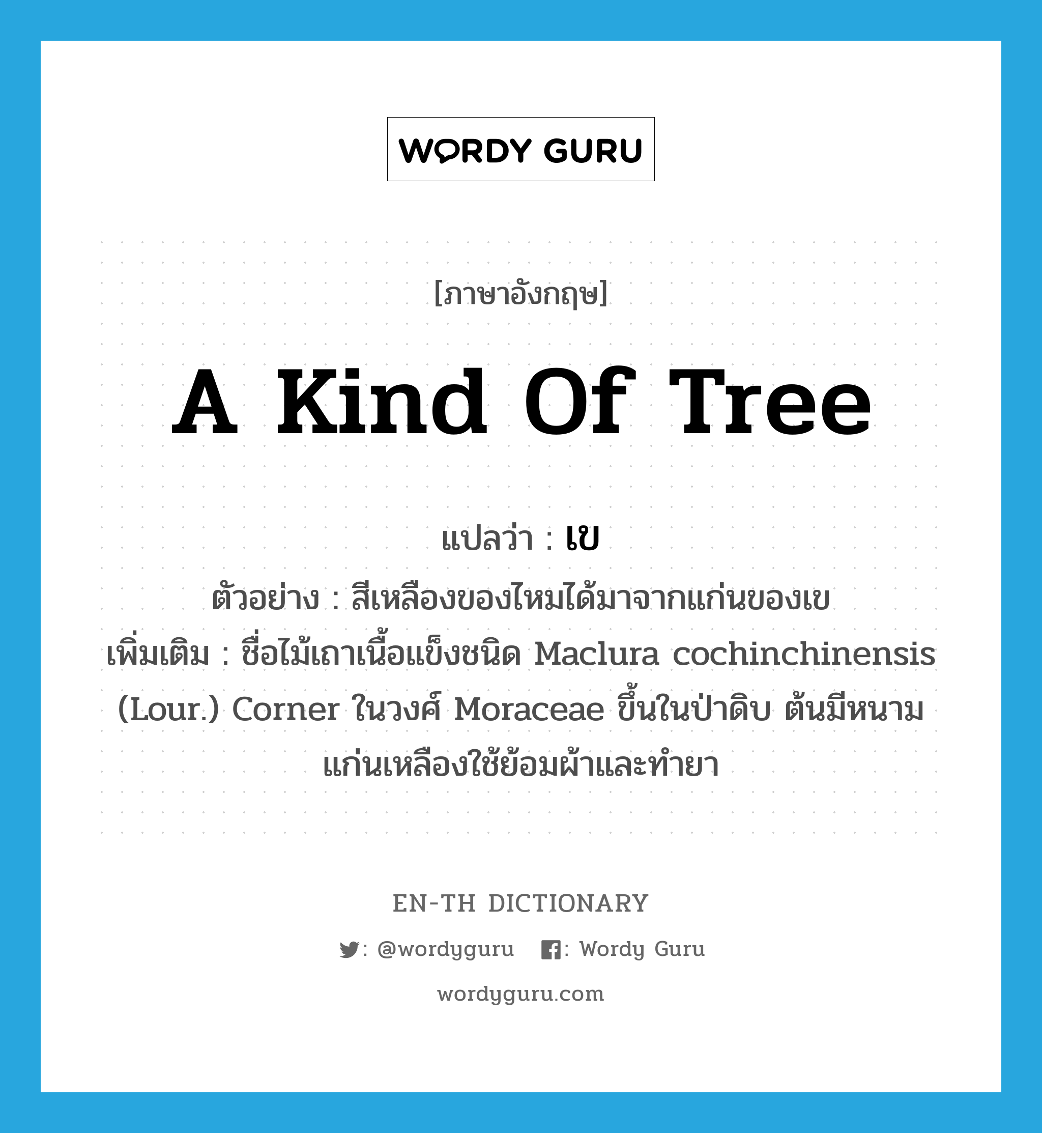 a kind of tree แปลว่า?, คำศัพท์ภาษาอังกฤษ a kind of tree แปลว่า เข ประเภท N ตัวอย่าง สีเหลืองของไหมได้มาจากแก่นของเข เพิ่มเติม ชื่อไม้เถาเนื้อแข็งชนิด Maclura cochinchinensis (Lour.) Corner ในวงศ์ Moraceae ขึ้นในป่าดิบ ต้นมีหนาม แก่นเหลืองใช้ย้อมผ้าและทำยา หมวด N