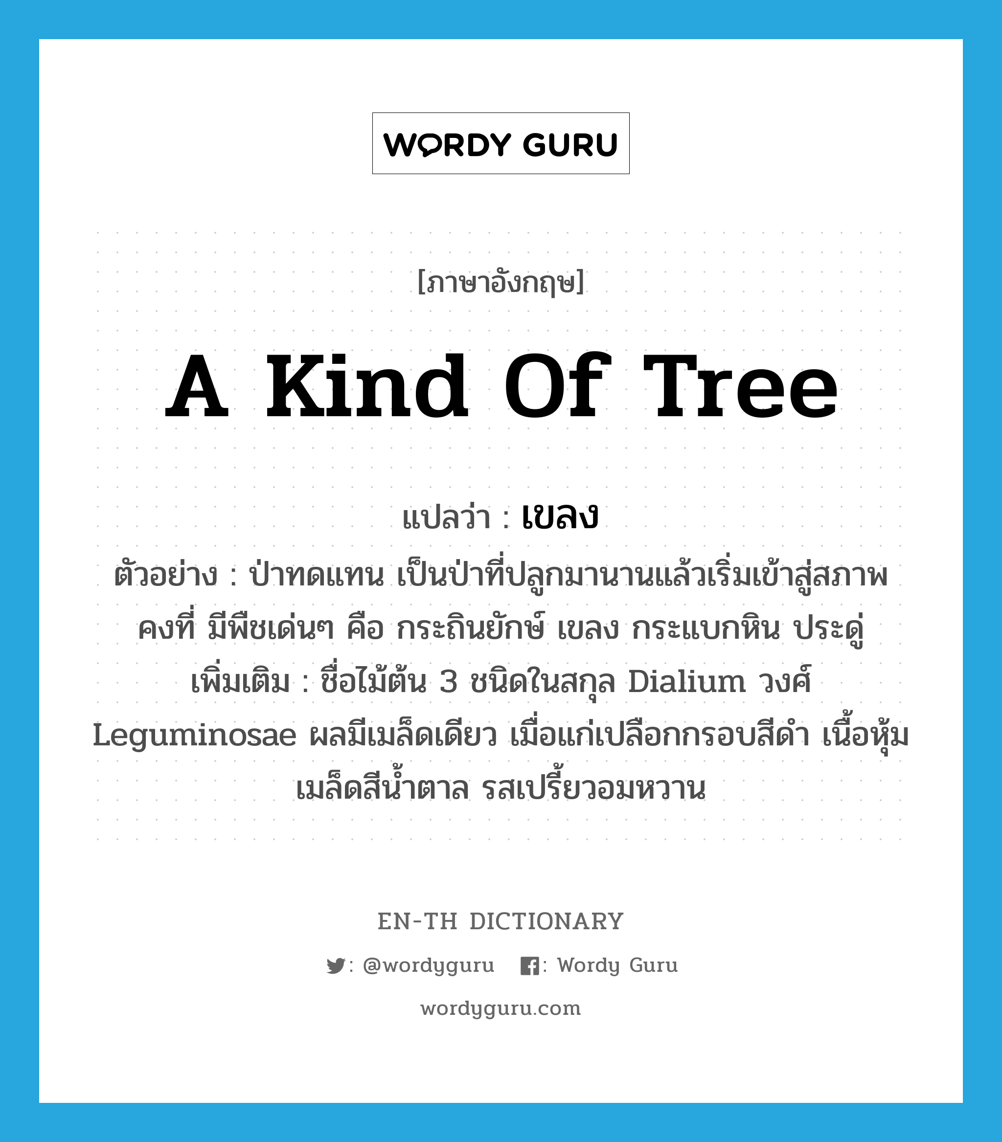 a kind of tree แปลว่า?, คำศัพท์ภาษาอังกฤษ a kind of tree แปลว่า เขลง ประเภท N ตัวอย่าง ป่าทดแทน เป็นป่าที่ปลูกมานานแล้วเริ่มเข้าสู่สภาพคงที่ มีพืชเด่นๆ คือ กระถินยักษ์ เขลง กระแบกหิน ประดู่ เพิ่มเติม ชื่อไม้ต้น 3 ชนิดในสกุล Dialium วงศ์ Leguminosae ผลมีเมล็ดเดียว เมื่อแก่เปลือกกรอบสีดำ เนื้อหุ้มเมล็ดสีน้ำตาล รสเปรี้ยวอมหวาน หมวด N